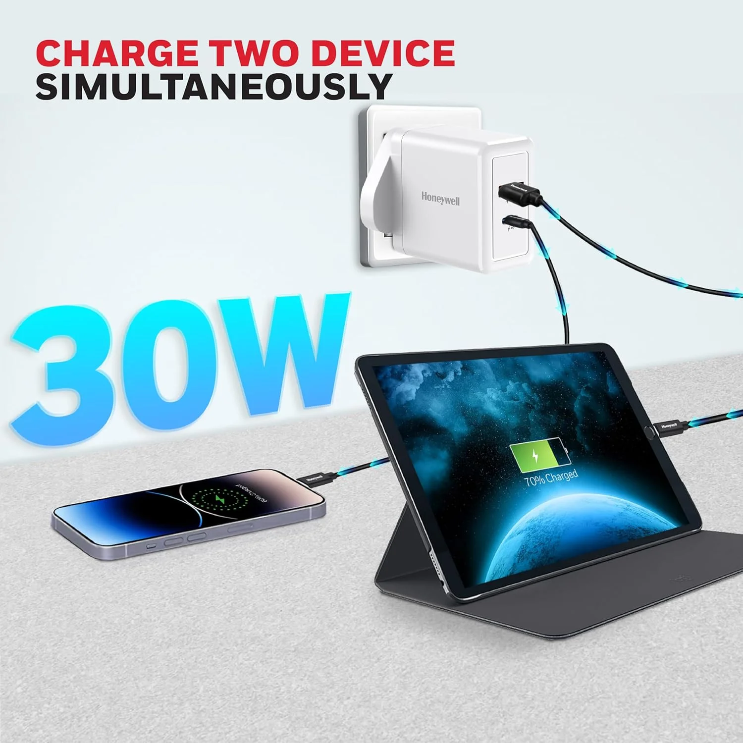 شارژر دیواری سریع هانیول Zest PD30W، شارژر فوق سریع با پشتیبانی از PPS، دارای 1 پورت Type C PD 3.0 و 1 پورت USB A، سازگار با آیفون، آیپد، سامسونگ، وان پلاس، تلفن های هوشمند، تبلت ها، پاور بانک ها - سفید