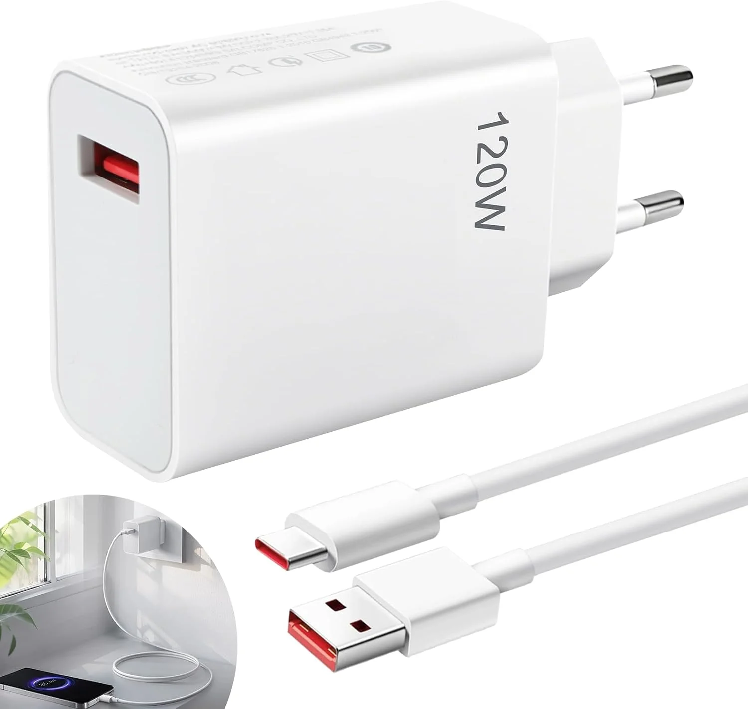 شارژر 120 واتی برای شیائومی 15، 14T Ultra، 13T، 12T، 11T Pro/Ultra، ردمی نوت 14، 13، 12 Pro+، پوکو X7، به همراه کابل 1 متری Type-C 6A، شارژر سریع USB Power Turbo HyperCharge برای بلک شارک 5