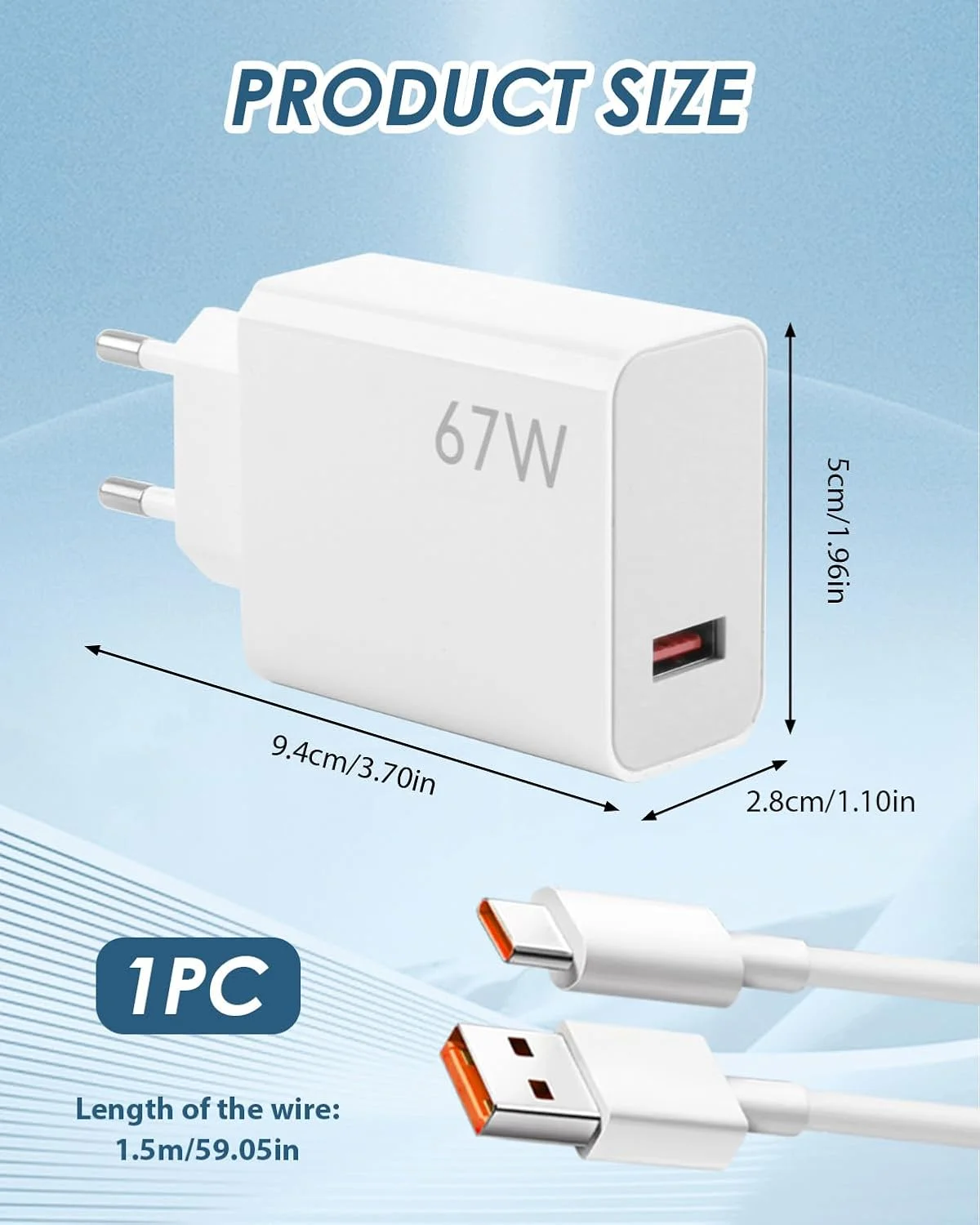 شارژر شیائومی 67 واتی با کابل USB Type C به طول 1.5 متر برای شیائومی 15، 14، 13T، 12 پرو، ردمی نوت 13 پرو، 12، 11، پوکو F5، X6، X5، F4، M4، آداپتور دیواری شارژ توربو سازگار با Mi Turbo Charge