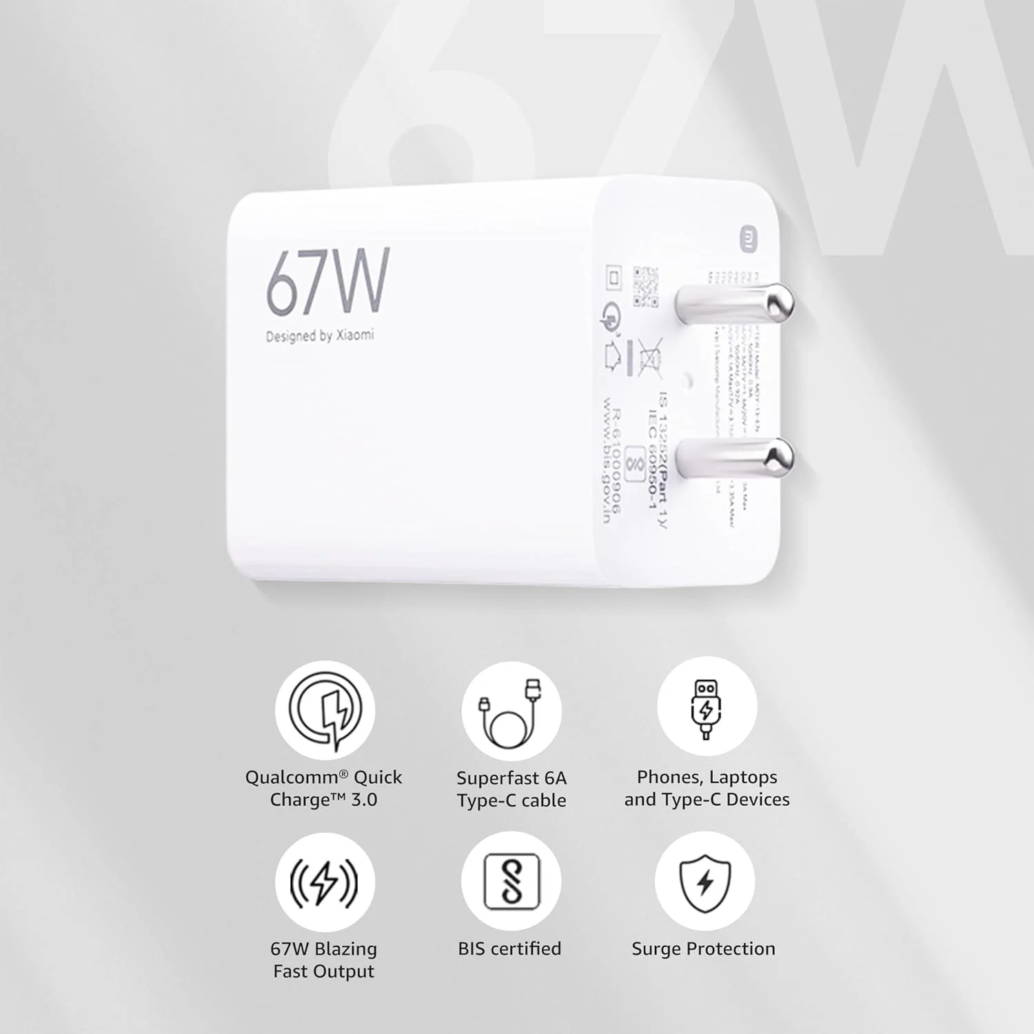 شارژر 67 واتی شیائومی مدل Sonic Charge همراه با کابل Type C 6A | مناسب برای لپ‌تاپ، تبلت و موبایل (آداپتور + کابل)