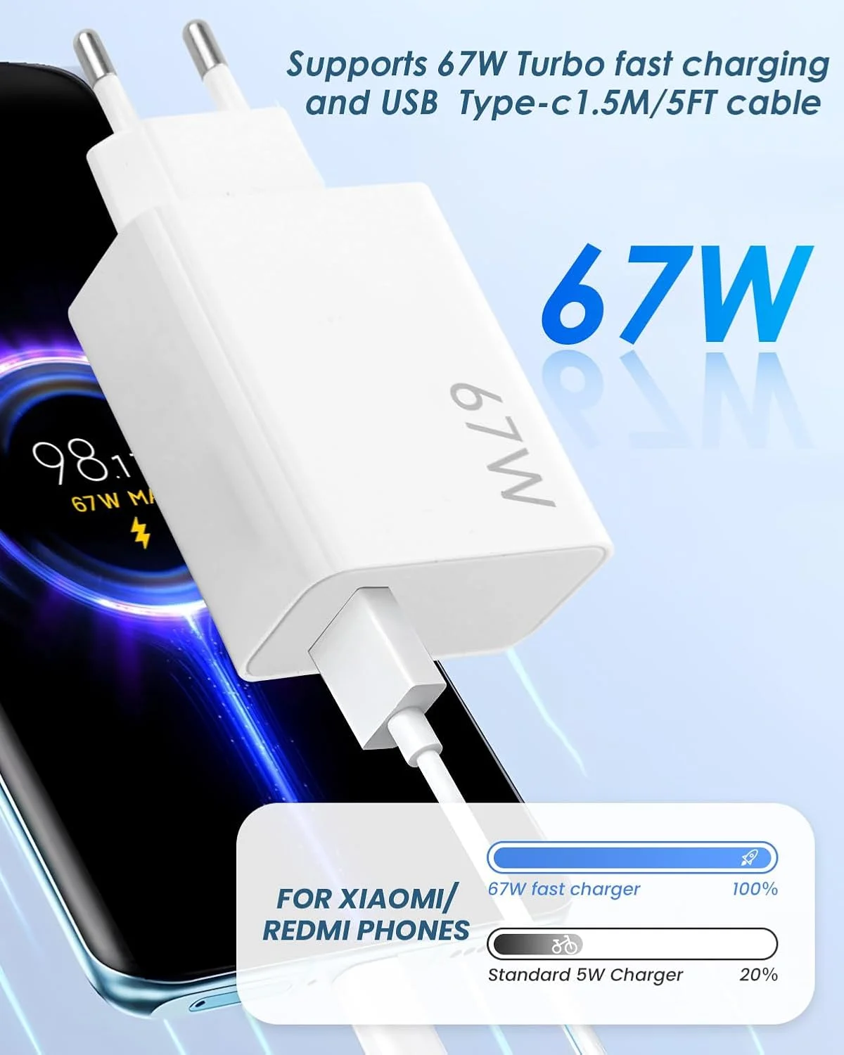 شارژر شیائومی 67 واتی با کابل USB Type C به طول 1.5 متر برای شیائومی 15، 14، 13T، 12 پرو، ردمی نوت 13 پرو، 12، 11، پوکو F5، X6، X5، F4، M4، آداپتور دیواری شارژ توربو سازگار با Mi Turbo Charge