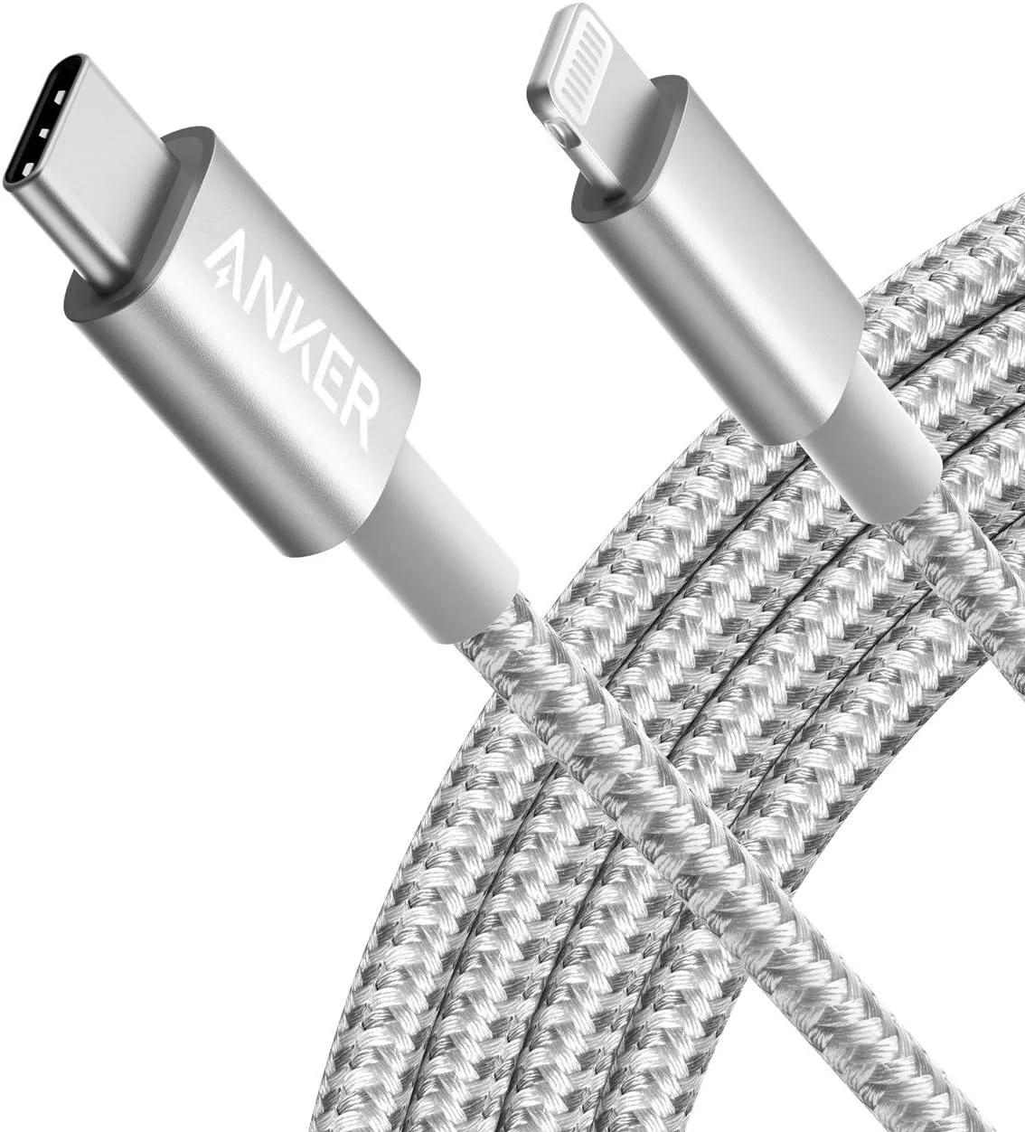 کابل شارژ USB-C به لایتنینگ نایلونی جدید انکر [1.8 متری دارای گواهینامه MFi] برای آیفون 12/11 پرو/X/XS/XR / 8 پلاس/آیپد 8، پشتیبانی از Power Delivery (نقره ای)