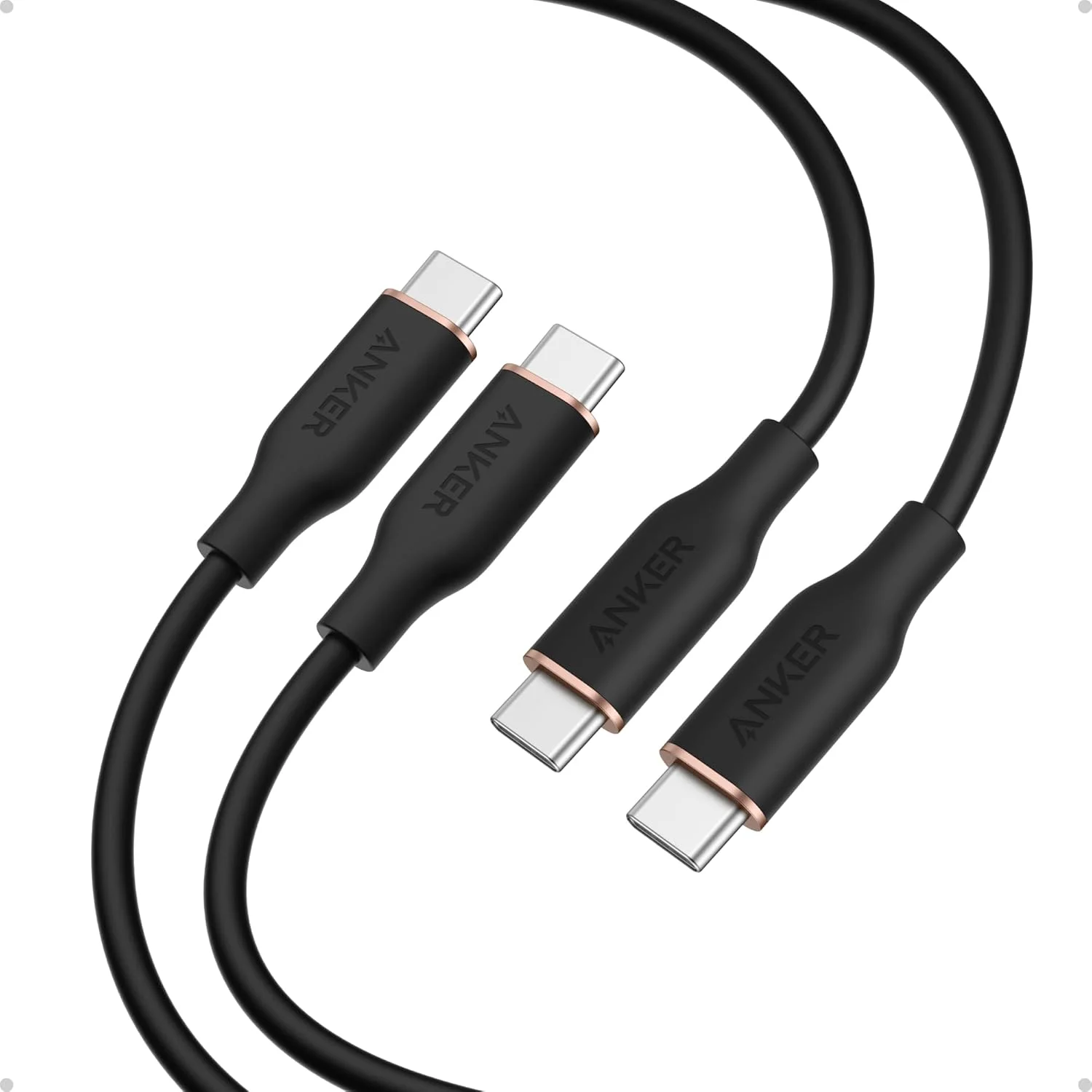 کابل USB C انکر، کابل Flow USB C به USB C با توان 240 وات (بسته 2 عددی)، شارژر Type C با قابلیت شارژ سریع برای سری iPhone 16، MacBook Pro 2020 و غیره (USB 2.0، طول 1.8 متر، مشکی)