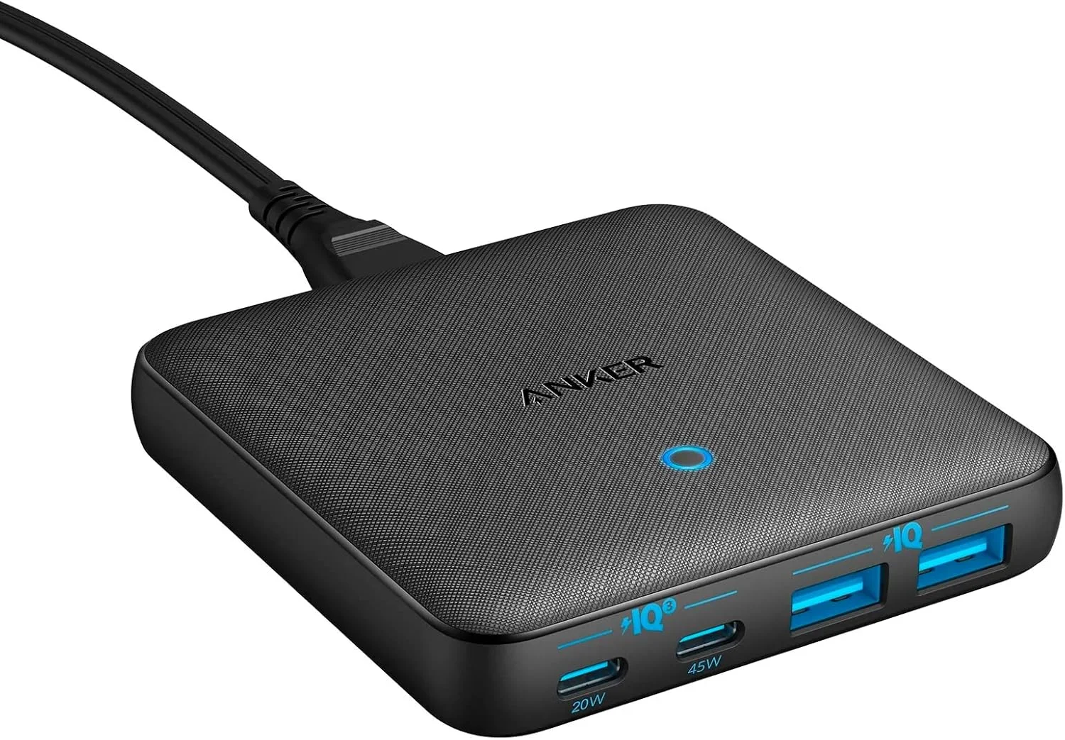 شارژر دیواری سریع 4 پورت Anker USB C مدل 543 (65W II) PIQ 3.0 و GaN با دو پورت Type C (حداکثر 45 وات) برای شارژ کارآمد، سازگار با MacBook، iPad، iPhone، لپ تاپ USB C و غیره