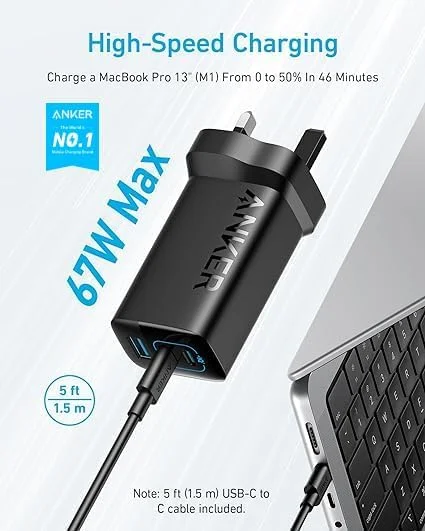 شارژر دیواری USB C انکر 335 با توان 67 وات، آداپتور شارژر سریع تاشو و جمع و جور PIQ 3.0، برای لپ تاپ، سری آیفون 17/16، مک بوک پرو، آیپد، گلکسی، پیکسل و سایر دستگاه ها (همراه با کابل)