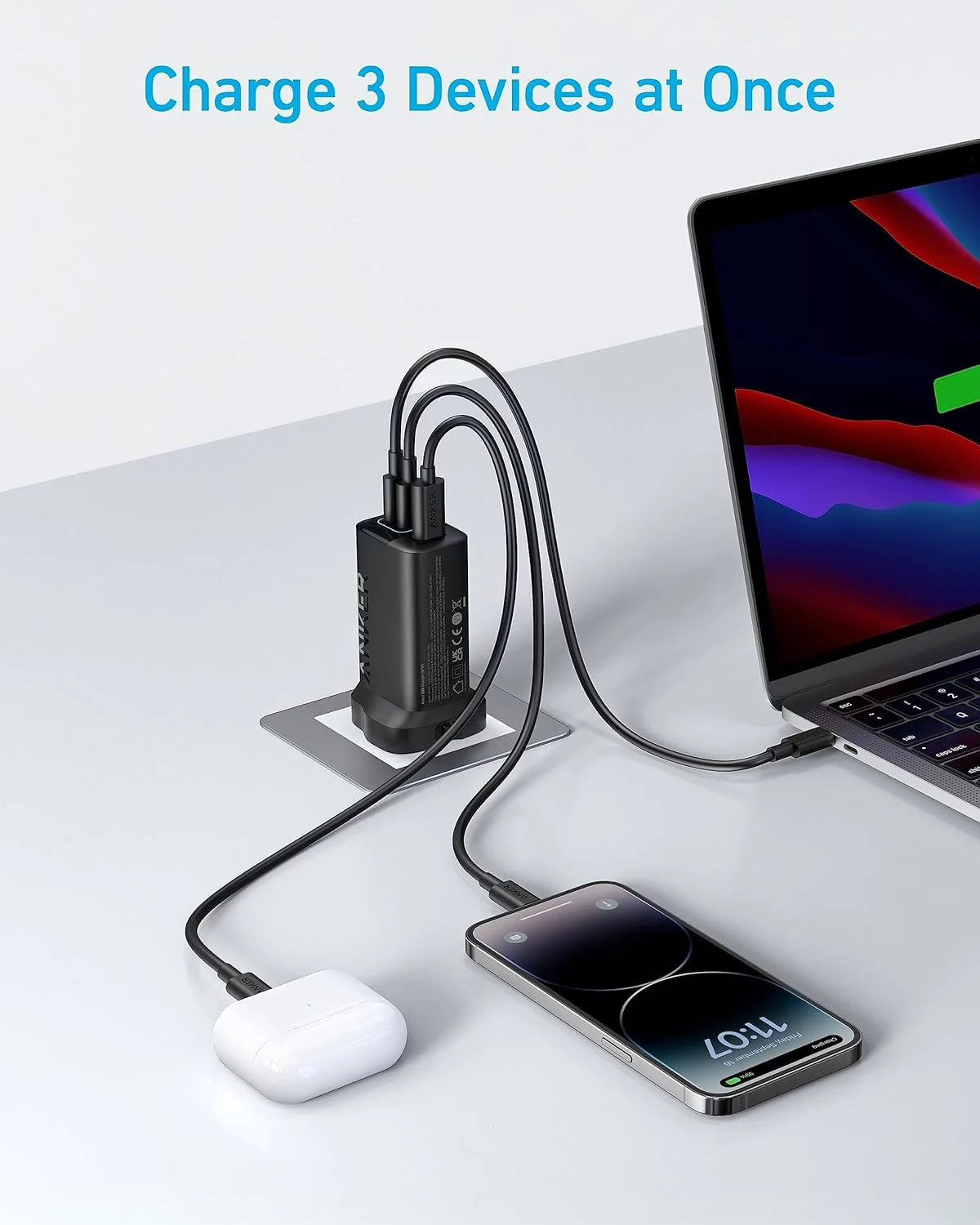 شارژر دیواری USB C انکر 335 با توان 67 وات، آداپتور شارژر سریع تاشو و جمع و جور PIQ 3.0، برای لپ تاپ، سری آیفون 17/16، مک بوک پرو، آیپد، گلکسی، پیکسل و سایر دستگاه ها (همراه با کابل)