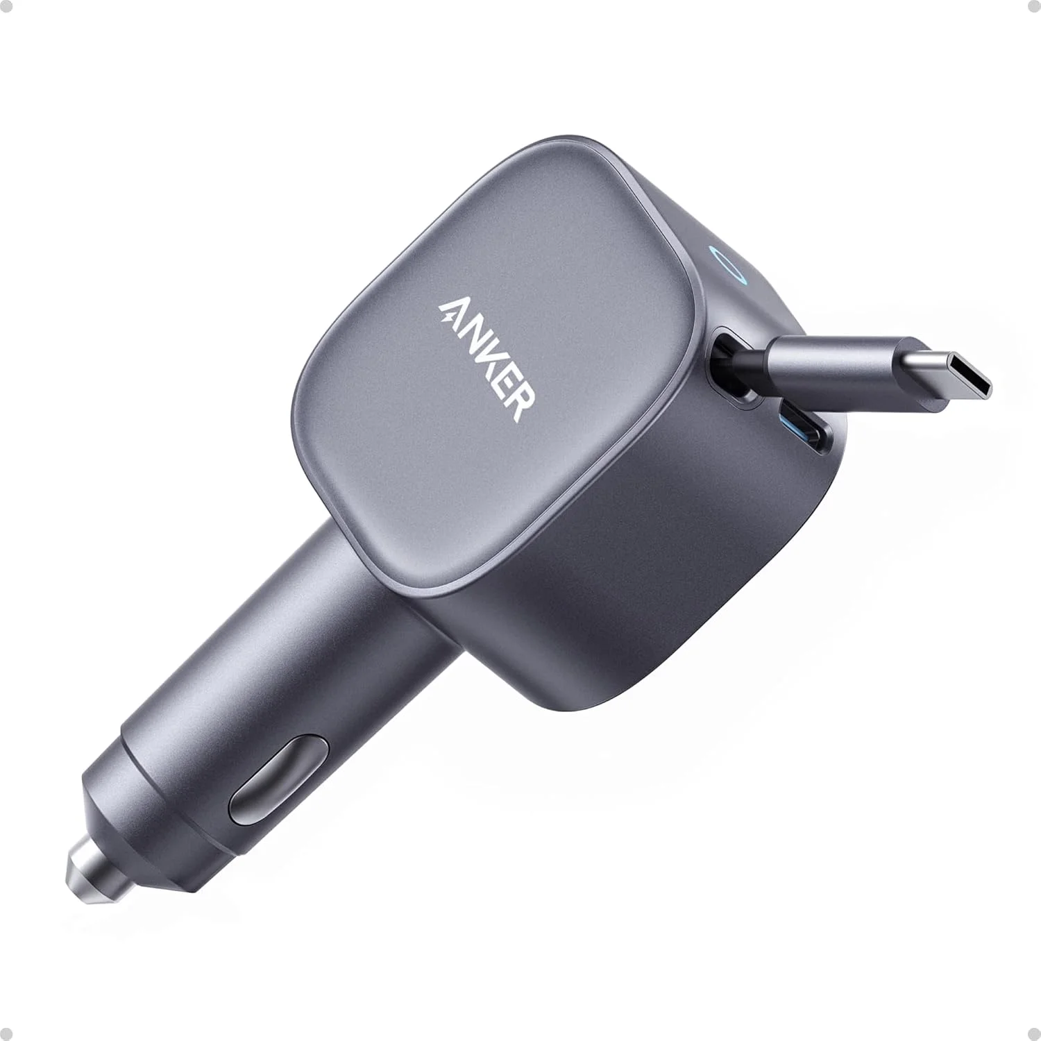 شارژر فندکی USB-C انکر، حداکثر 75 وات، شارژر فندکی سریع و فوق‌العاده جمع‌وجور Type-C با کابل جمع‌شونده داخلی، آداپتور خودرو برای سری آیفون 17/16، سامسونگ S24/S23، مک‌بوک پرو/ایر، آیپد و غیره