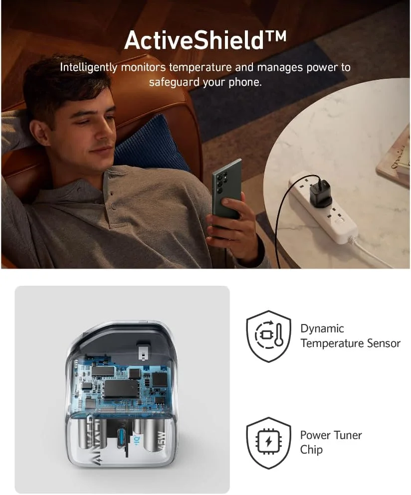 شارژر دیواری 45 واتی انکر با کانکتور Type-C، شارژ سریع و سازگاری جهانی، فناوری GaN، شارژر جمع و جور برای آیفون، سامسونگ، تبلت ها، هدفون، ساعت های هوشمند و موارد دیگر، سفید