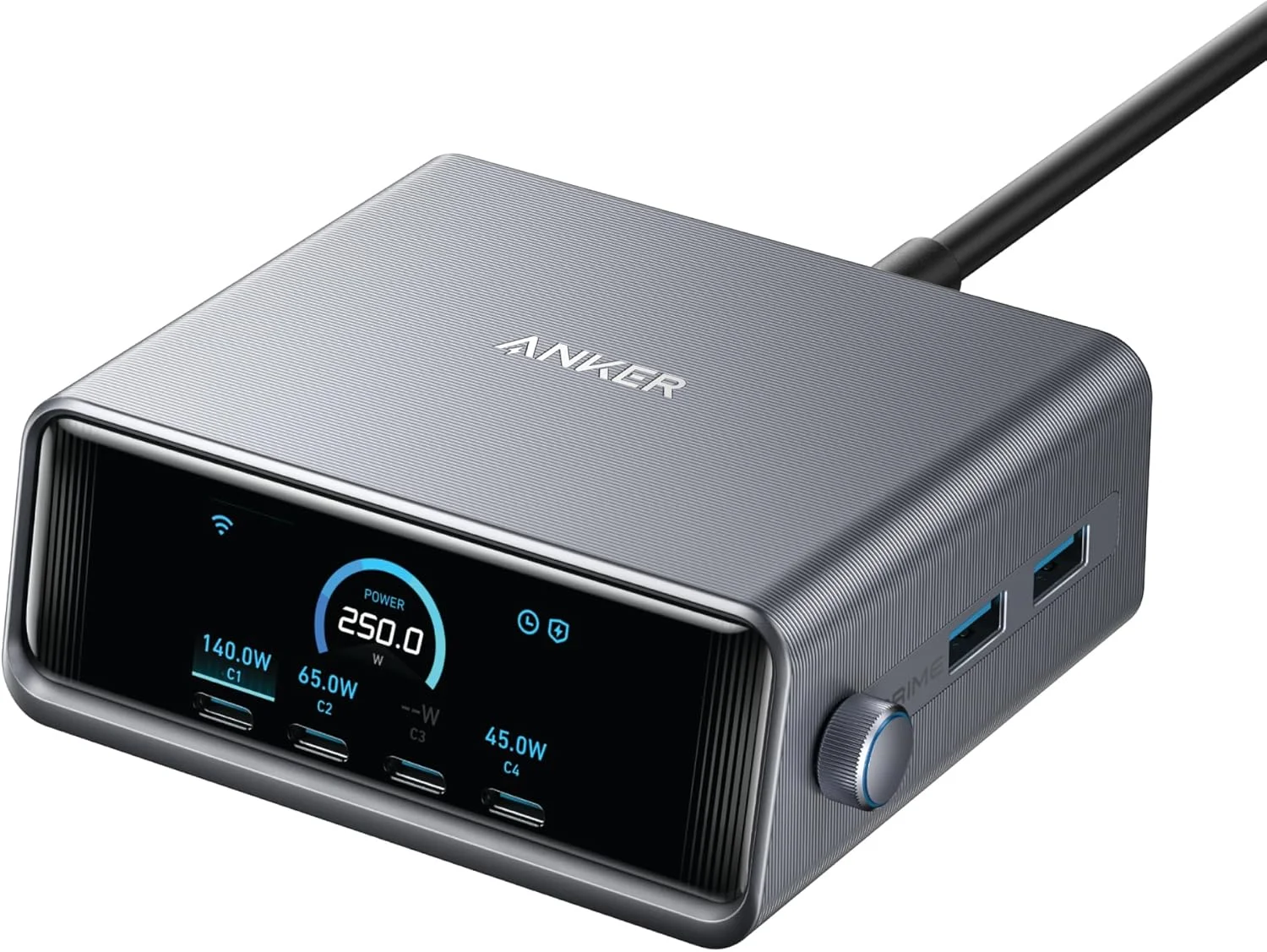 شارژر USB C انکر Prime 250W، ایستگاه شارژ GaN فوق سریع 6 پورت، صفحه نمایش LCD 2.26 اینچی و دکمه کنترل هوشمند، سازگار با MacBook Pro/Air، iPhone 17/16/15، Huawei، Samsung، iPad و غیره