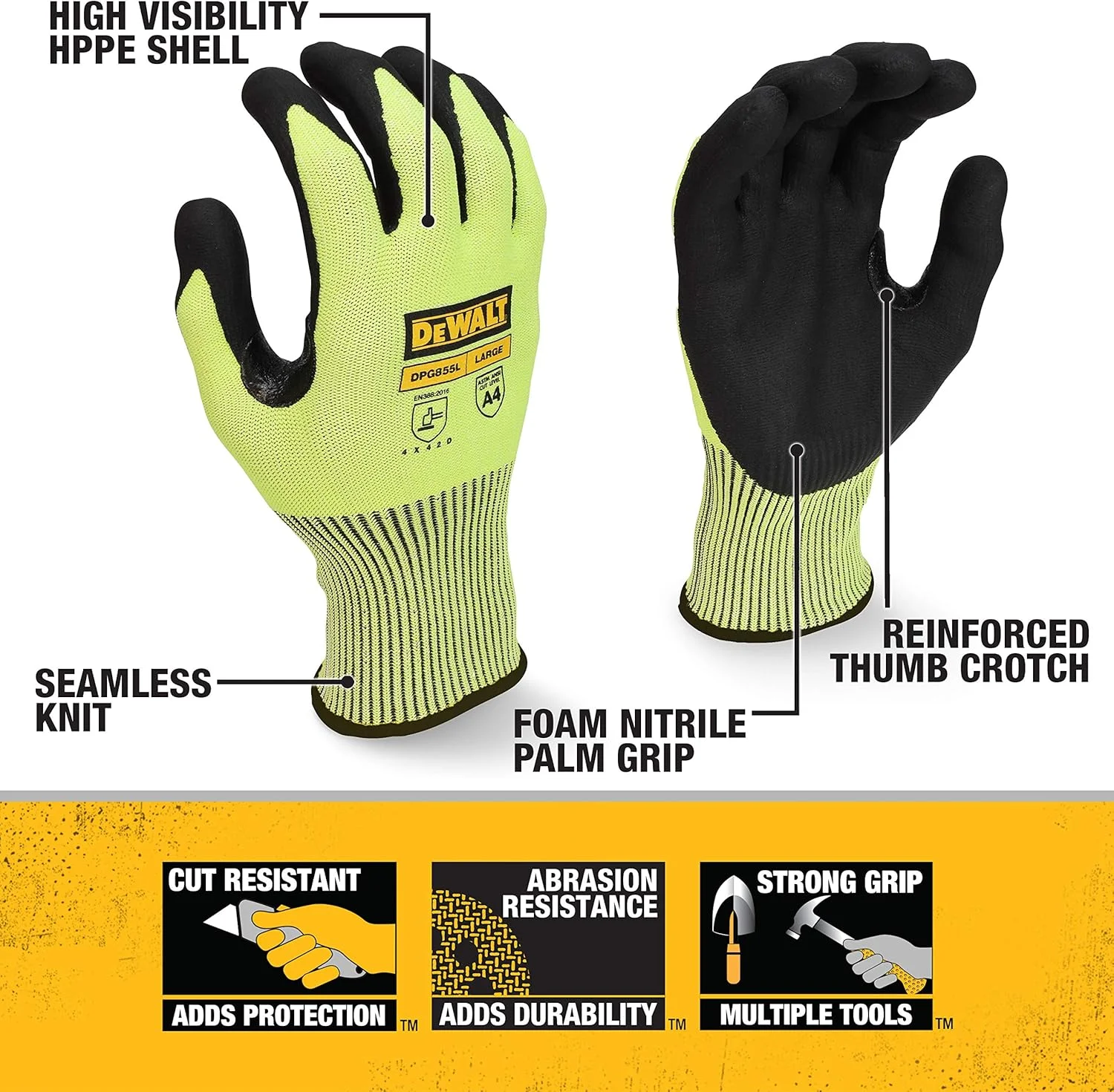 دستکش ضد برش Dewalt DPG855 Hi-Vis HPPE با فایبرگلاس - سایز L دستکش ضد برش Dewalt DPG855 Hi-Vis HPPE با فایبرگلاس - سایز L