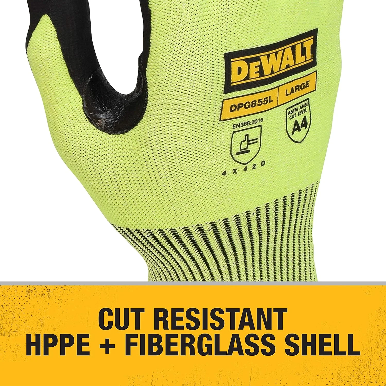 دستکش ضد برش Dewalt DPG855 Hi-Vis HPPE با فایبرگلاس - سایز L دستکش ضد برش Dewalt DPG855 Hi-Vis HPPE با فایبرگلاس - سایز L