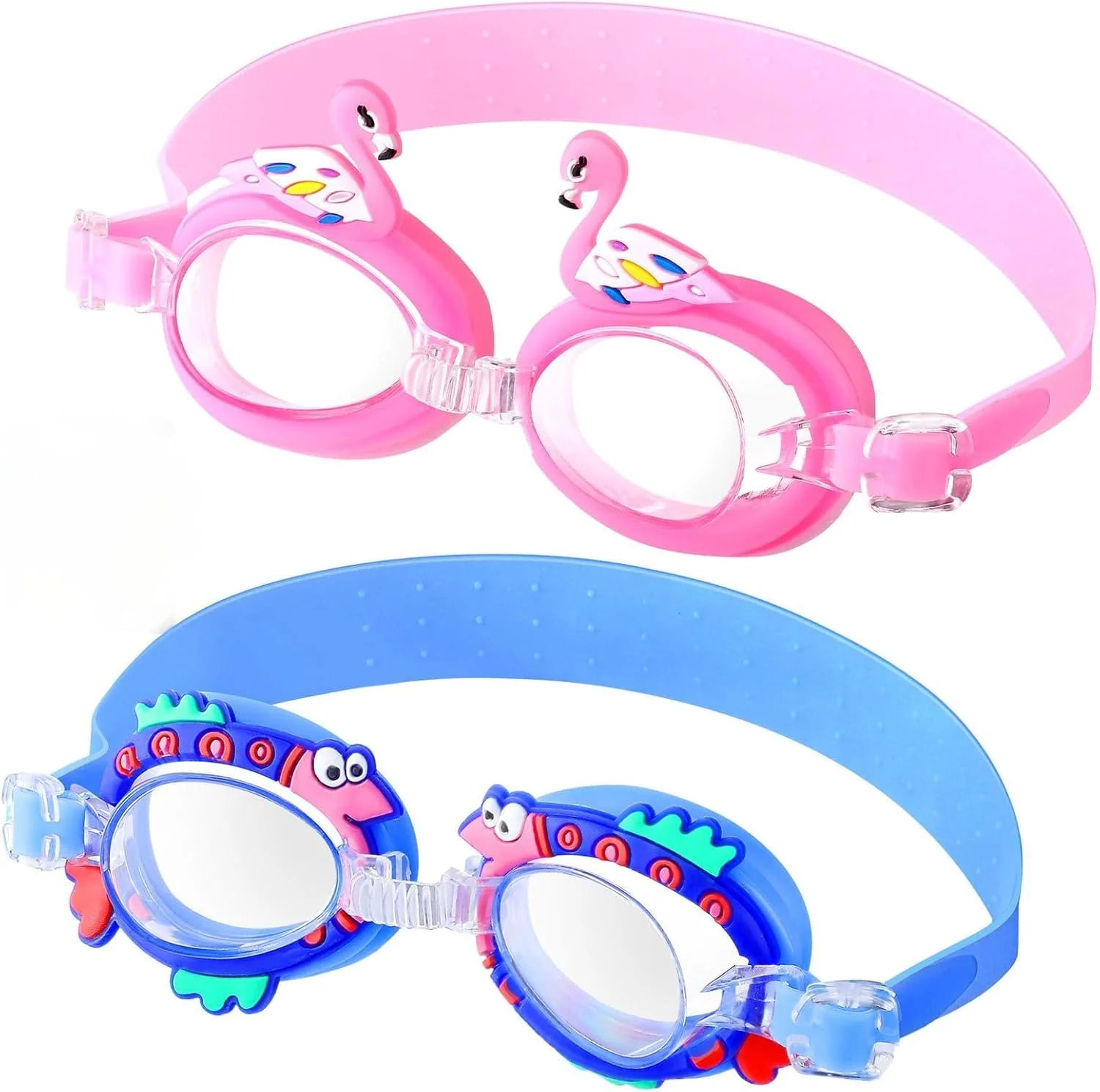 عینک شنا کودکانه، 2 عدد عینک کارتونی ضد مه و ضد نشت سیلیکونی نرم با دید واضح، بند سر قابل تنظیم و دید گسترده، لنزهای محافظ UV بدون نشت برای دختران و پسران 3-9 ساله
