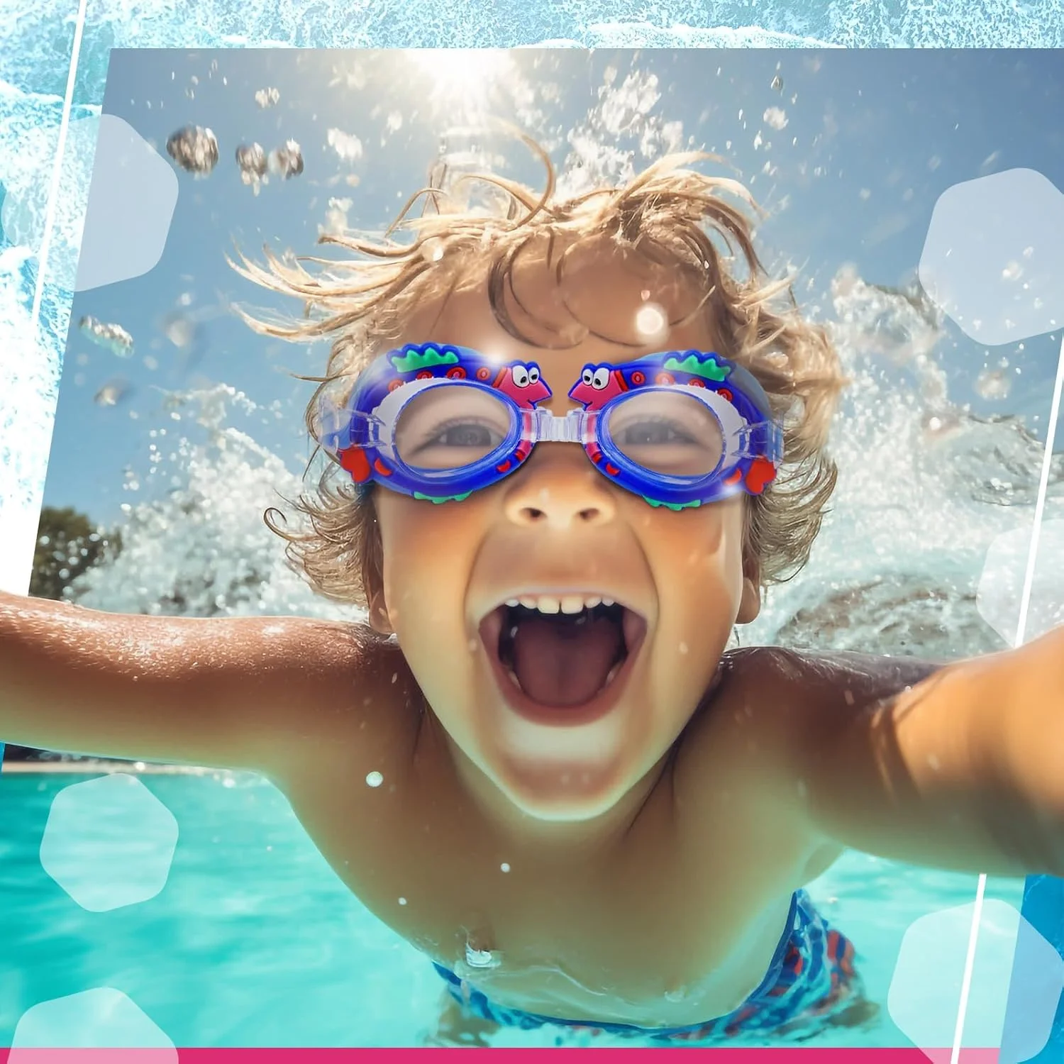 عینک شنا کودکانه، 2 عدد عینک کارتونی ضد مه و ضد نشت سیلیکونی نرم با دید واضح، بند سر قابل تنظیم و دید گسترده، لنزهای محافظ UV بدون نشت برای دختران و پسران 3-9 ساله