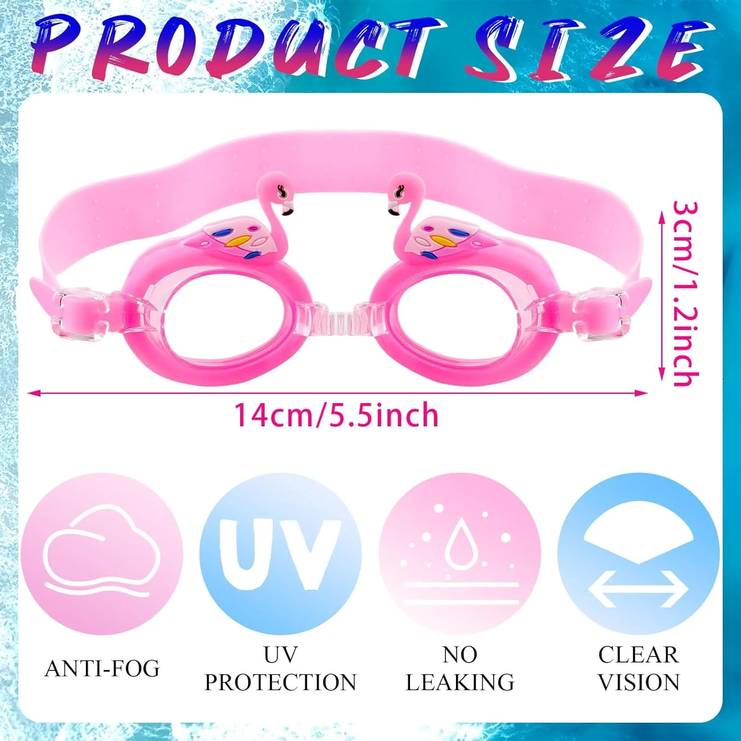 عینک شنا کودکانه، 2 عدد عینک کارتونی ضد مه و ضد نشت سیلیکونی نرم با دید واضح، بند سر قابل تنظیم و دید گسترده، لنزهای محافظ UV بدون نشت برای دختران و پسران 3-9 ساله