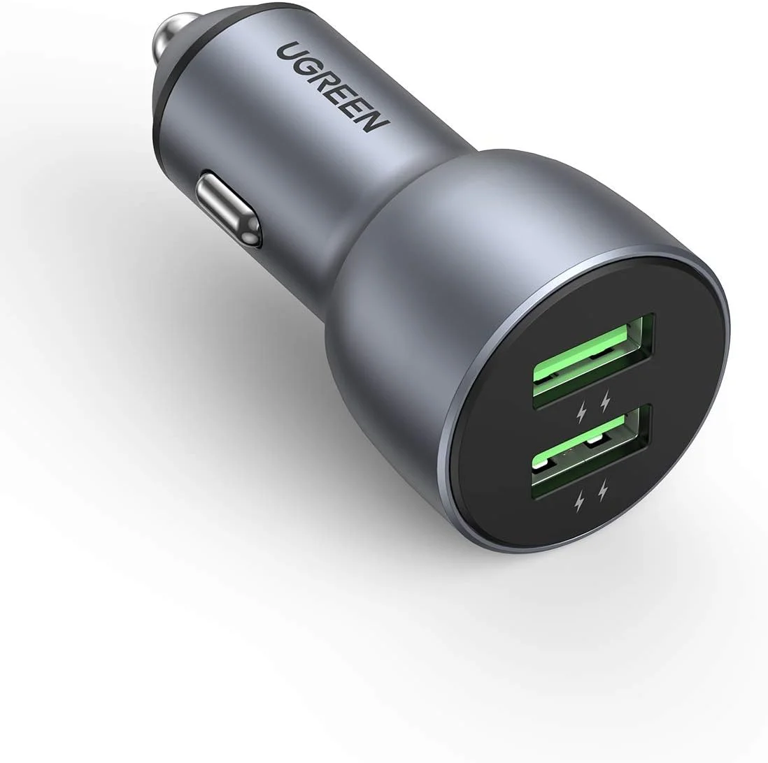شارژر فندکی سریع 36 وات UGREEN با دو پورت USB QC 3.0، آلومینیومی، سازگار با iPhone 16/16 Pro/16 Pro Max/15 Pro Max/14/13 Pro Max/SE/11، Galaxy S23/S22/S21، OnePlus 10/9، Xiaomi و غیره