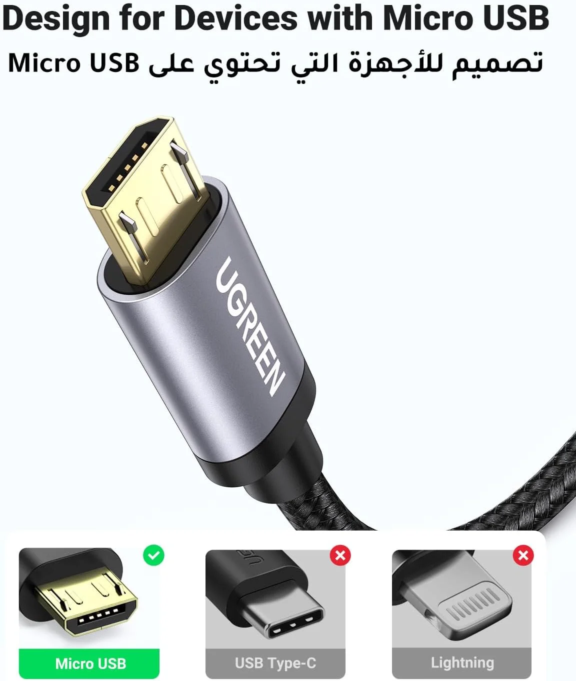 کابل میکرو USB یوگرین 3 متری، کابل شارژ سریع 18 واتی، کابل شارژ اندروید QC 3.0 Micro USB 2.0 با روکش نایلونی بافته شده، سازگار با PS4 XBOX Samsung S7 S6، Note6 LG Nexus Nokia - مشکی