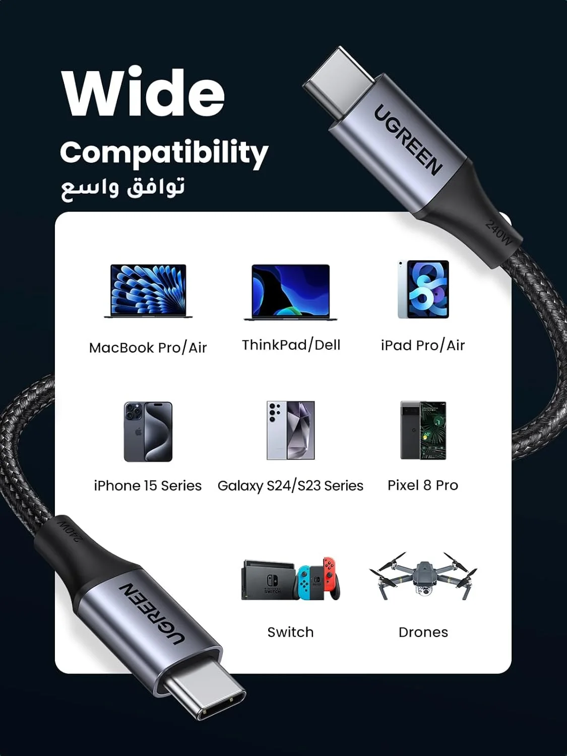 کابل USB C یوگرین 1 متری بافته شده 240 وات (48 ولت 5 آمپر) Power Delivery PD 3.1 شارژ سریع USB C به کابل Type C برای آیفون 16/17 پرو مکس، مک بوک پرو/ایر، آیپد پرو 2022/دل XPS/گلکسی S25/24 اولترا/هوآوی P70 کابل USB C یوگرین 1 متری بافته شده 240 وات (48 ولت 5 آمپر) Power Delivery PD 3.1 شارژ سریع USB C به کابل Type C برای آیفون 16/17 پرو مکس، مک بوک پرو/ایر، آیپد پرو 2022/دل XPS/گلکسی S25/24 اولترا/هوآوی P70