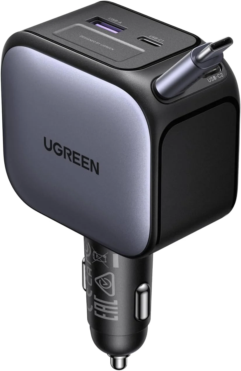 شارژر فندکی جمع شونده 145 واتی UGREEN با کابل USB-C 60 واتی داخلی 70 سانتی‌متری، 3 پورت USB-C + 1 پورت USB-A شارژر فوق سریع خودرو آداپتور آیفون، برای آیفون 17 پرو مکس، مک بوک پرو/ایر، سامسونگ S25 Ultra