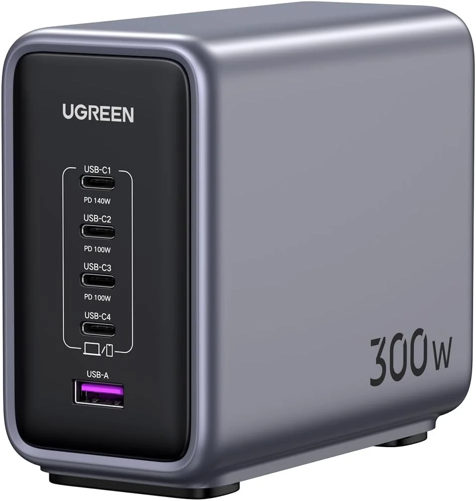 ایستگاه شارژ 5 پورت Type C یوگرین Nexode 300W با کابل 240W، آداپتور شارژ سریع GaN با محافظت چندگانه، شارژر لپ تاپ پایدار برای MacBook Air/Lenovo/iPad/iPhone 17 pro max (سیم دوشاخه 2 متری UK)