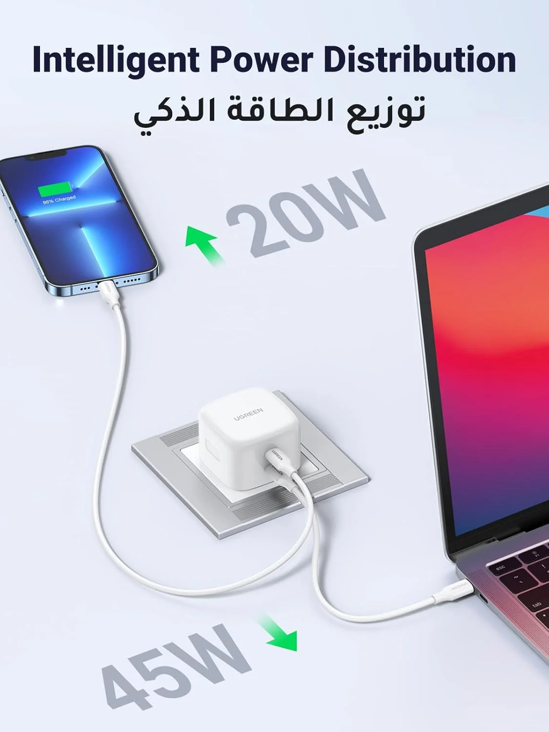 شارژر دیواری 65 واتی UGREEN PD GaN Type C، آداپتور برق دوشاخه USB با دو پورت (20W+45W) سازگار با لپ تاپ های HP، Lenovo، Dell، Macbook Air، iPhone 17 Pro Max، iPad - سفید شارژر دیواری 65 واتی UGREEN PD GaN Type C، آداپتور برق دوشاخه USB با دو پورت (20W+45W) سازگار با لپ تاپ های HP، Lenovo، Dell، Macbook Air، iPhone 17 Pro Max، iPad - سفید