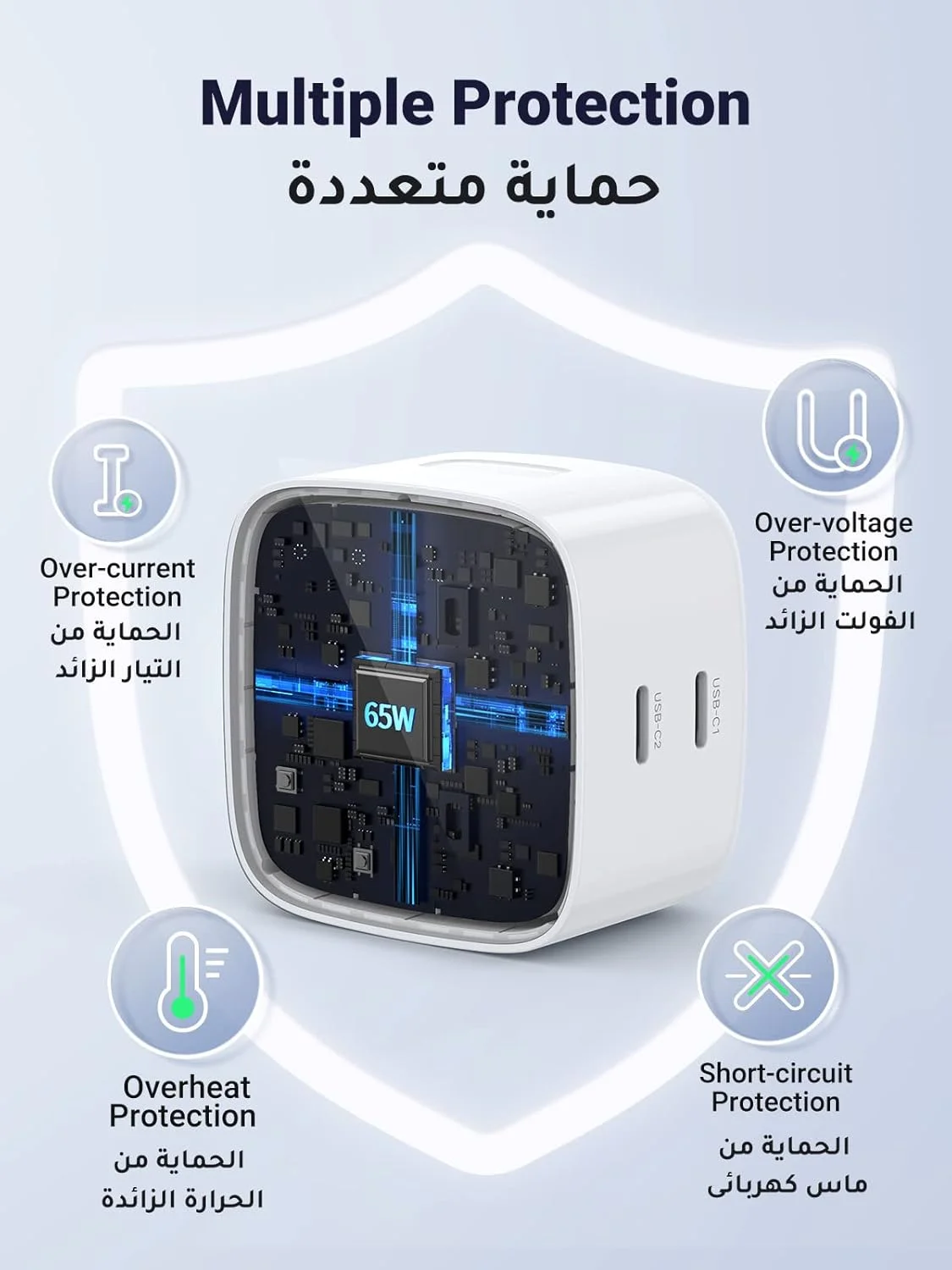 شارژر دیواری 65 واتی UGREEN PD GaN Type C، آداپتور برق دوشاخه USB با دو پورت (20W+45W) سازگار با لپ تاپ های HP، Lenovo، Dell، Macbook Air، iPhone 17 Pro Max، iPad - سفید شارژر دیواری 65 واتی UGREEN PD GaN Type C، آداپتور برق دوشاخه USB با دو پورت (20W+45W) سازگار با لپ تاپ های HP، Lenovo، Dell، Macbook Air، iPhone 17 Pro Max، iPad - سفید