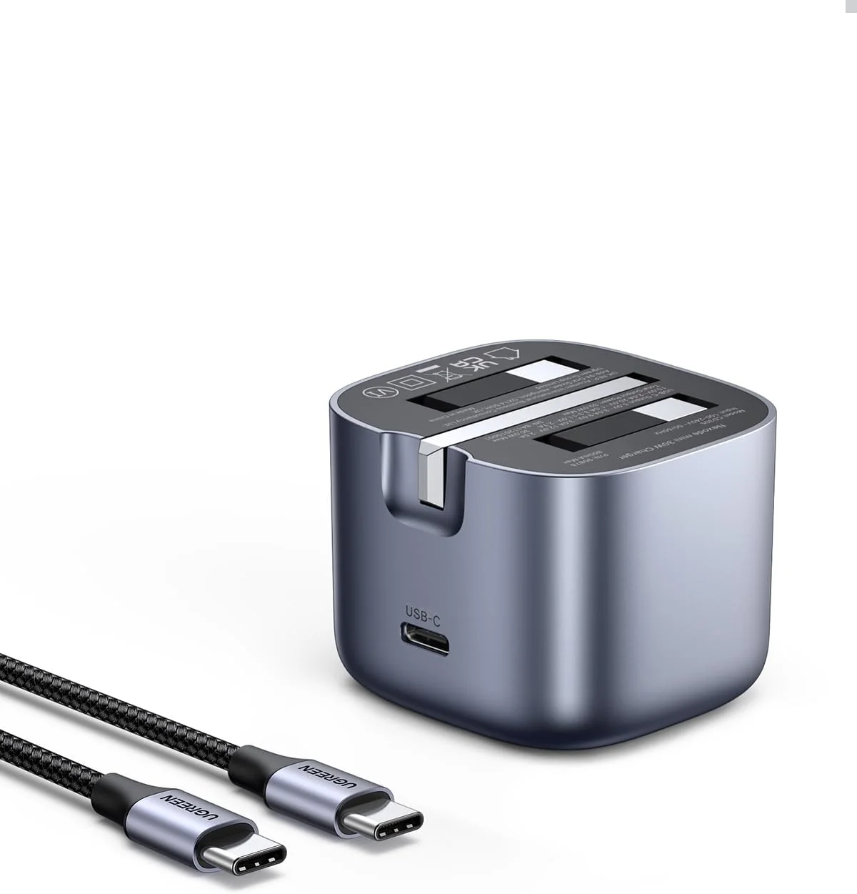 شارژر 30 واتی UGREEN با کابل برای آیفون 16 پرو، آداپتور برق USB C نکسود GaN تاشو، شارژر سامسونگ، مجموعه دوشاخه Type C با کابل USB 60 واتی 1 متری برای آیفون 16 پرو مکس/15، آیپد، گلکسی S25 و غیره