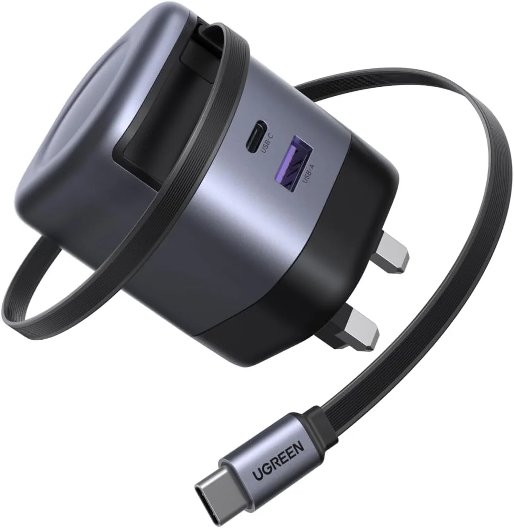 شارژر سریع 65 واتی UGREEN Type C با کابل USB جمع شونده، آداپتور لپ تاپ GaN با 3 پورت، سازگار با MacBook Air، HP، Lenovo، Dell، iPad، HONOR Pad، iPhone 17/16/15/14 Pro Max، Samsung S25, S24, S23