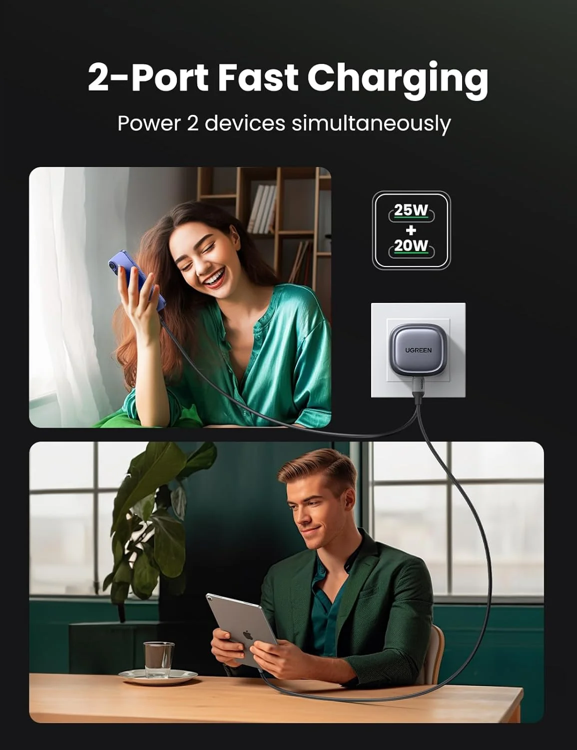 شارژر 45 واتی UGREEN Nexode GaN با دو پورت USB C، آداپتور تاشو 45 واتی Type C برای آیپد، آداپتور برق 25 واتی USB C برای Samsung S25 Ultra، iPhone 17 Pro Max، MacBook Air، iPad و غیره شارژر 45 واتی UGREEN Nexode GaN با دو پورت USB C، آداپتور تاشو 45 واتی Type C برای آیپد، آداپتور برق 25 واتی USB C برای Samsung S25 Ultra، iPhone 17 Pro Max، MacBook Air، iPad و غیره
