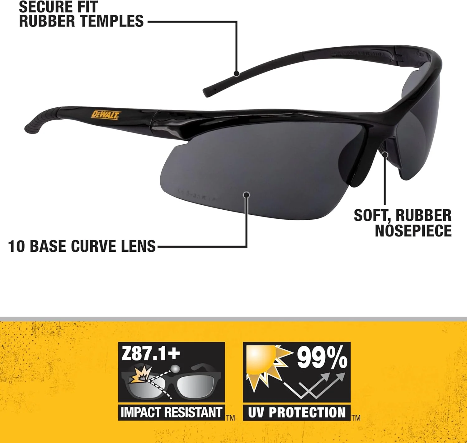 عینک ایمنی محافظ رادیوس Dewalt DPG51-2C با لنز منحنی پایه 10، دودی، مشکی