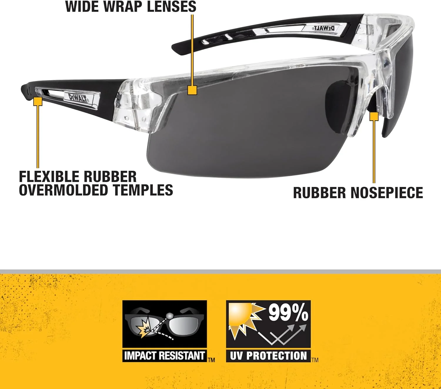 DEWALT Unisex DPG100 Half Frame Comfort Fit Protective Eyewear Translucent Frame Smoke Lens