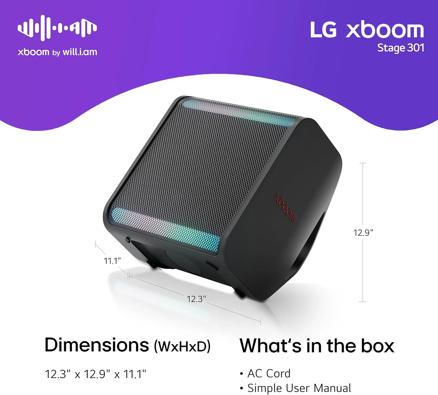 اسپیکر بلوتوثی LG xboom STAGE301 اثر will.i.am، ووفر 6.5 اینچی و درایورهای دوگانه 2.5 اینچی میان رده، تا 11 ساعت پخش، طراحی چند منظوره، مقاوم در برابر آب IPX4، نورپردازی xboom، مشکی اسپیکر بلوتوثی LG xboom STAGE301 اثر will.i.am، ووفر 6.5 اینچی و درایورهای دوگانه 2.5 اینچی میان رده، تا 11 ساعت پخش، طراحی چند منظوره، مقاوم در برابر آب IPX4، نورپردازی xboom، مشکی