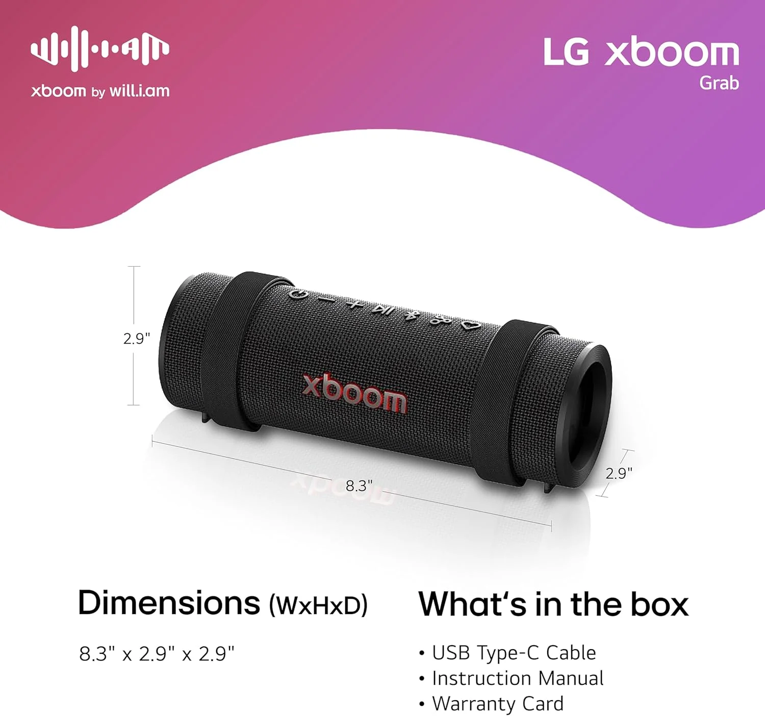 اسپیکر بلوتوثی قابل حمل LG xboom Grab Core با صدای xboom Signature، تا 19 ساعت پخش، مقاوم در برابر گرد و غبار و آب IP67، دوام MIL-STD 810H، بند حمل قابل تنظیم اسپیکر بلوتوثی قابل حمل LG xboom Grab Core با صدای xboom Signature، تا 19 ساعت پخش، مقاوم در برابر گرد و غبار و آب IP67، دوام MIL-STD 810H، بند حمل قابل تنظیم