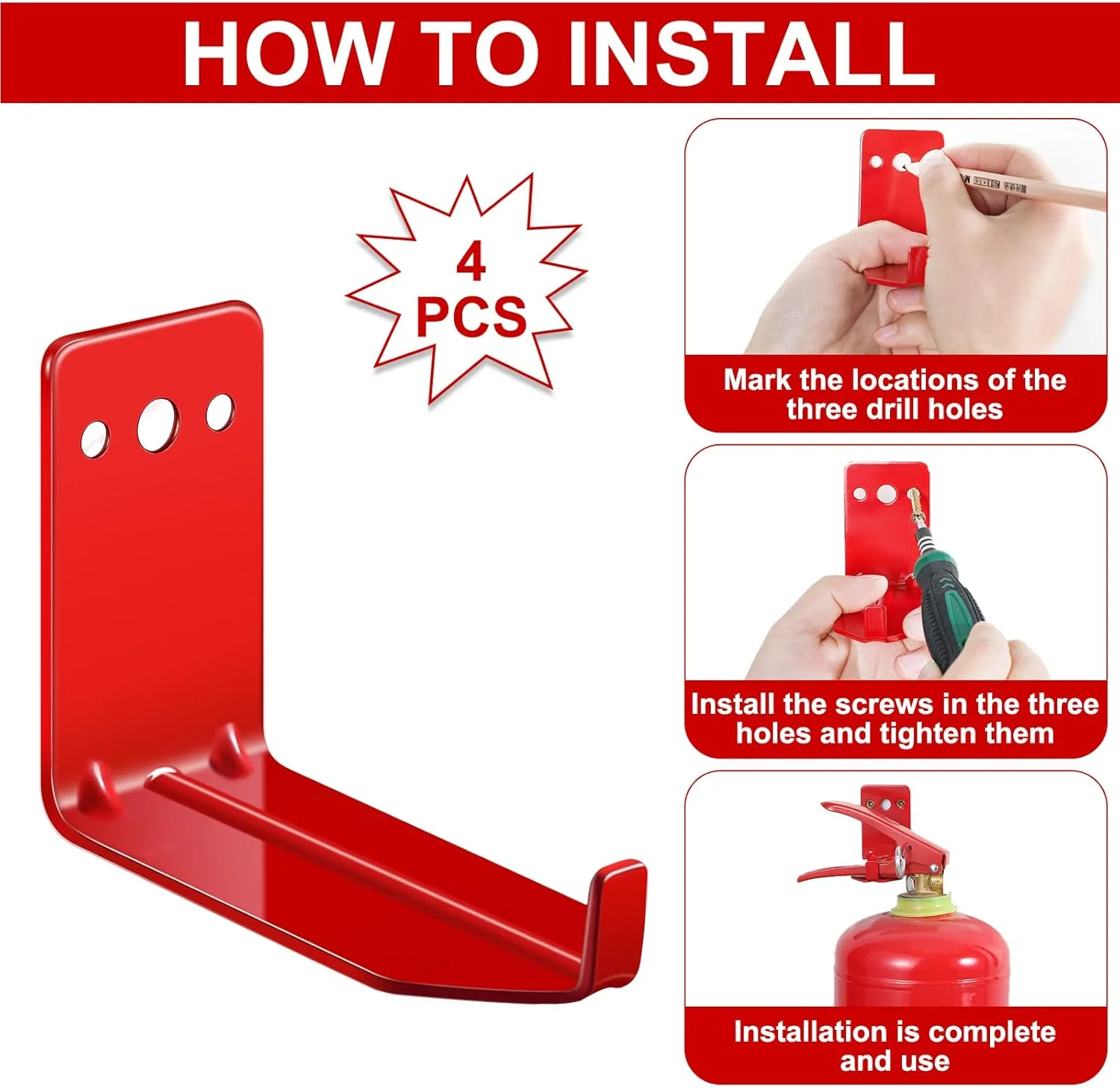 نگهدارنده کپسول آتش نشانی برای کپسول های 5-40 پوندی، نصب دیواری با پیچ، واشر، برچسب ایمنی خود چسب، آویز دیواری برای کپسول های آتش نشانی جهانی (4 عدد)
