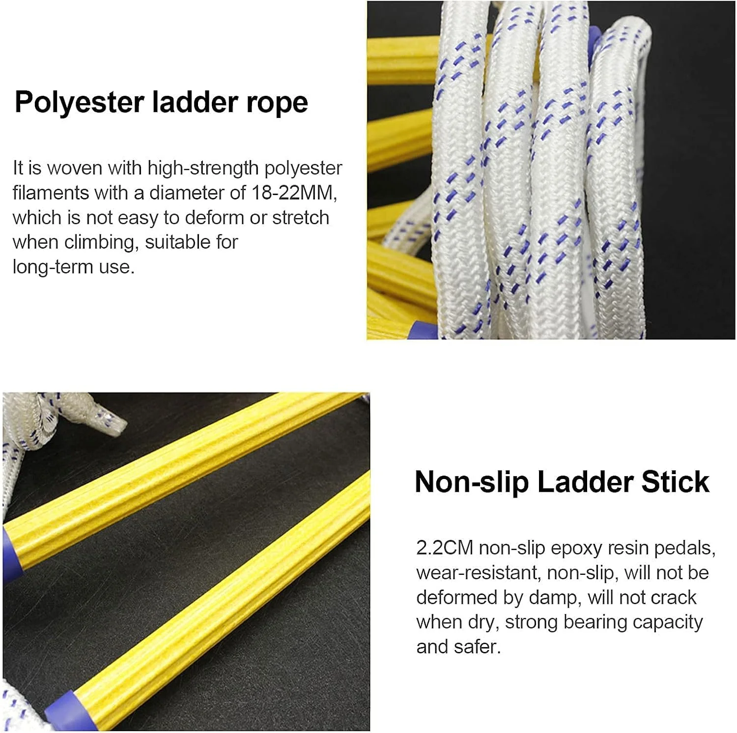 نردبان طنابی فرار از آتش، نردبان فرار از آتش، نردبان ایمنی تخلیه آتش قابل حمل با قلاب، نردبان فرار اضطراری نایلونی برای فضای داخلی و خارجی / 15 متر