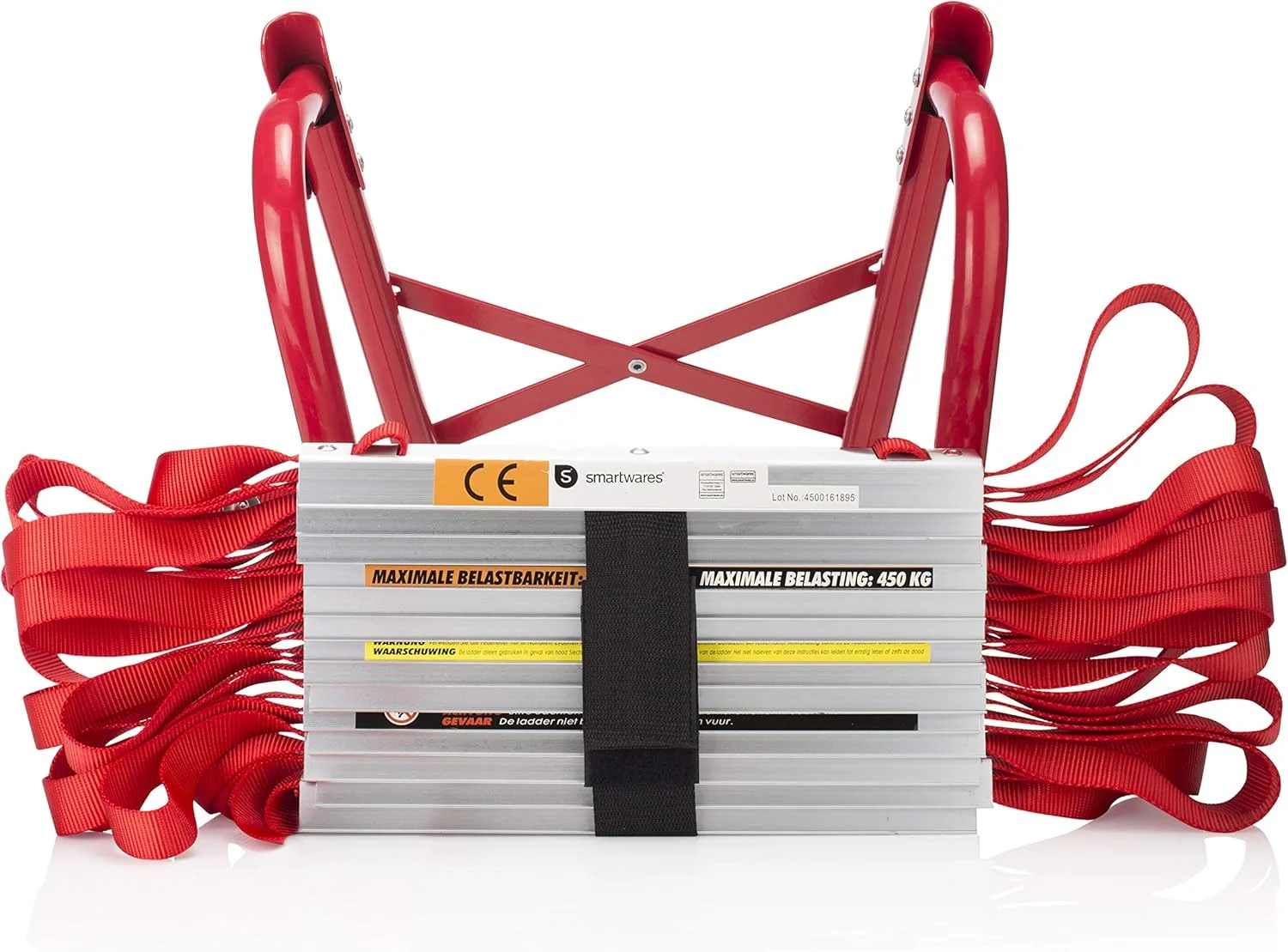 نردبان فرار از آتش Smartwares، 4.5 متری، مدل BBVL، ظرفیت 450 کیلوگرم، نصب جهانی پنجره، فولاد آلیاژی، قرمز