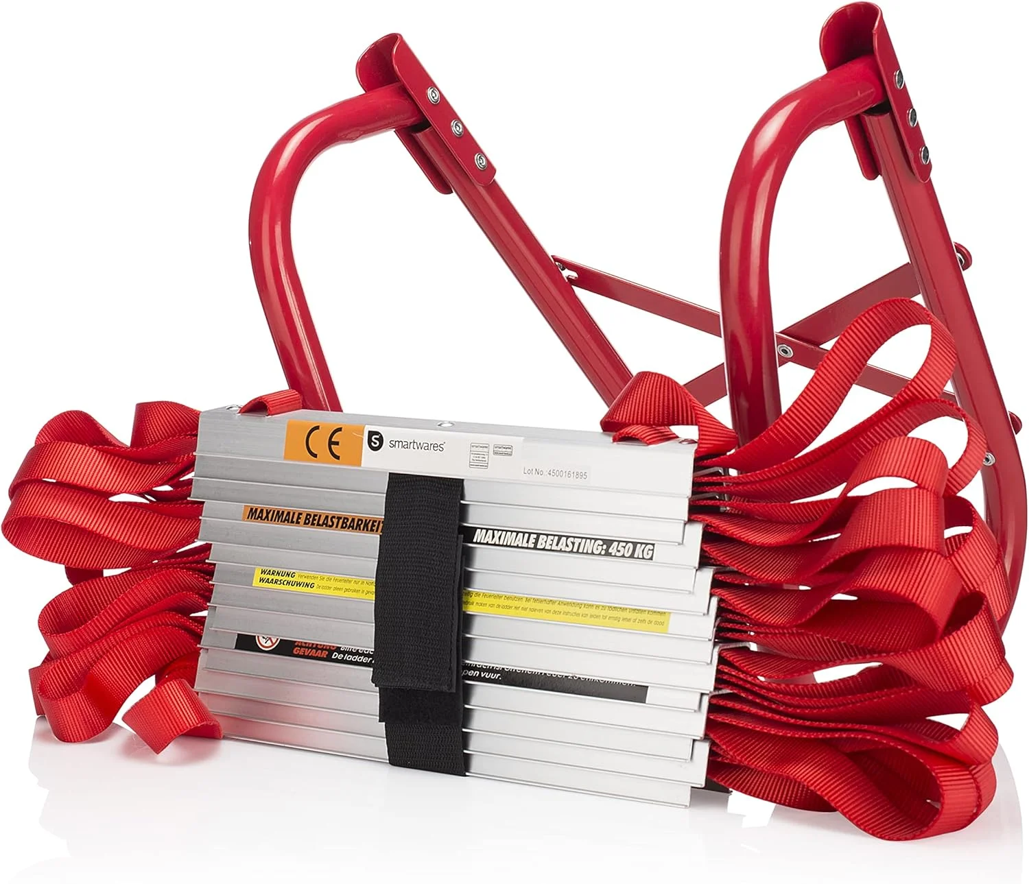 نردبان فرار از آتش Smartwares، 4.5 متری، مدل BBVL، ظرفیت 450 کیلوگرم، نصب جهانی پنجره، فولاد آلیاژی، قرمز