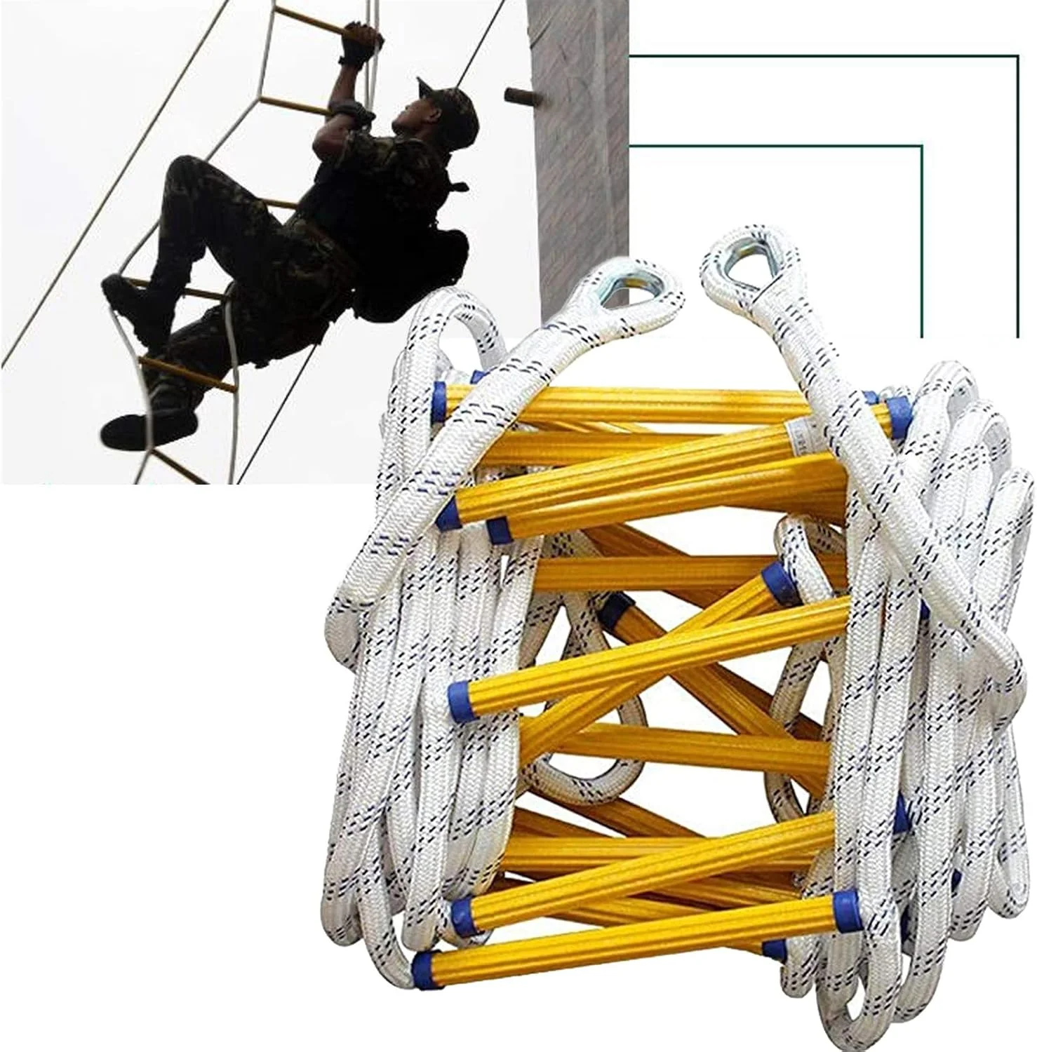 نردبان فرار از آتش، نردبان فرار اضطراری از آتش، نردبان طنابی ایمنی نایلونی مقاوم در برابر شعله، نردبان نرم مهندسی/زرد/5 متر