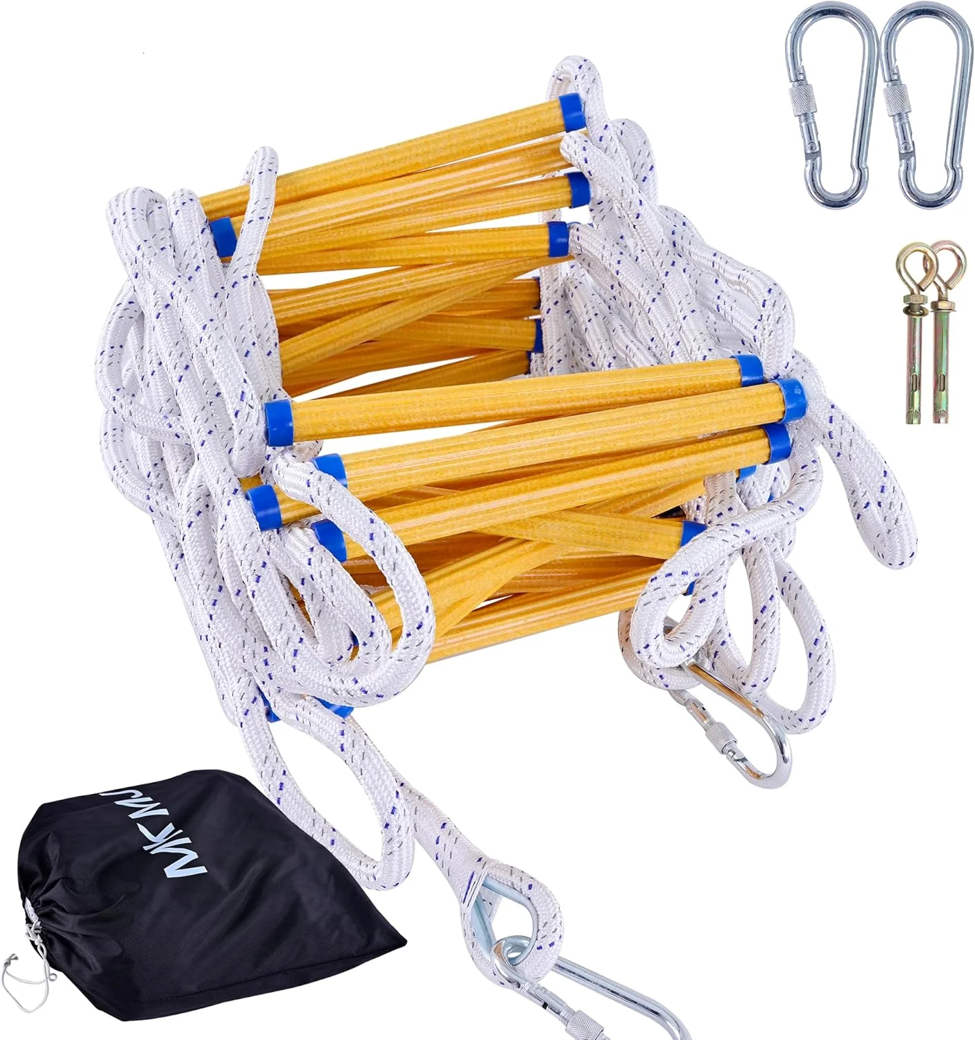 نردبان طنابی، نردبان فرار از آتش 8 متری، نردبان طنابی ایمنی مقاوم در برابر آتش با قلاب، نردبان اضطراری به سرعت باز می شود و قابل حمل و استفاده مجدد است، نردبان فرار از آتش تا 900 کیلوگرم تست شده است.