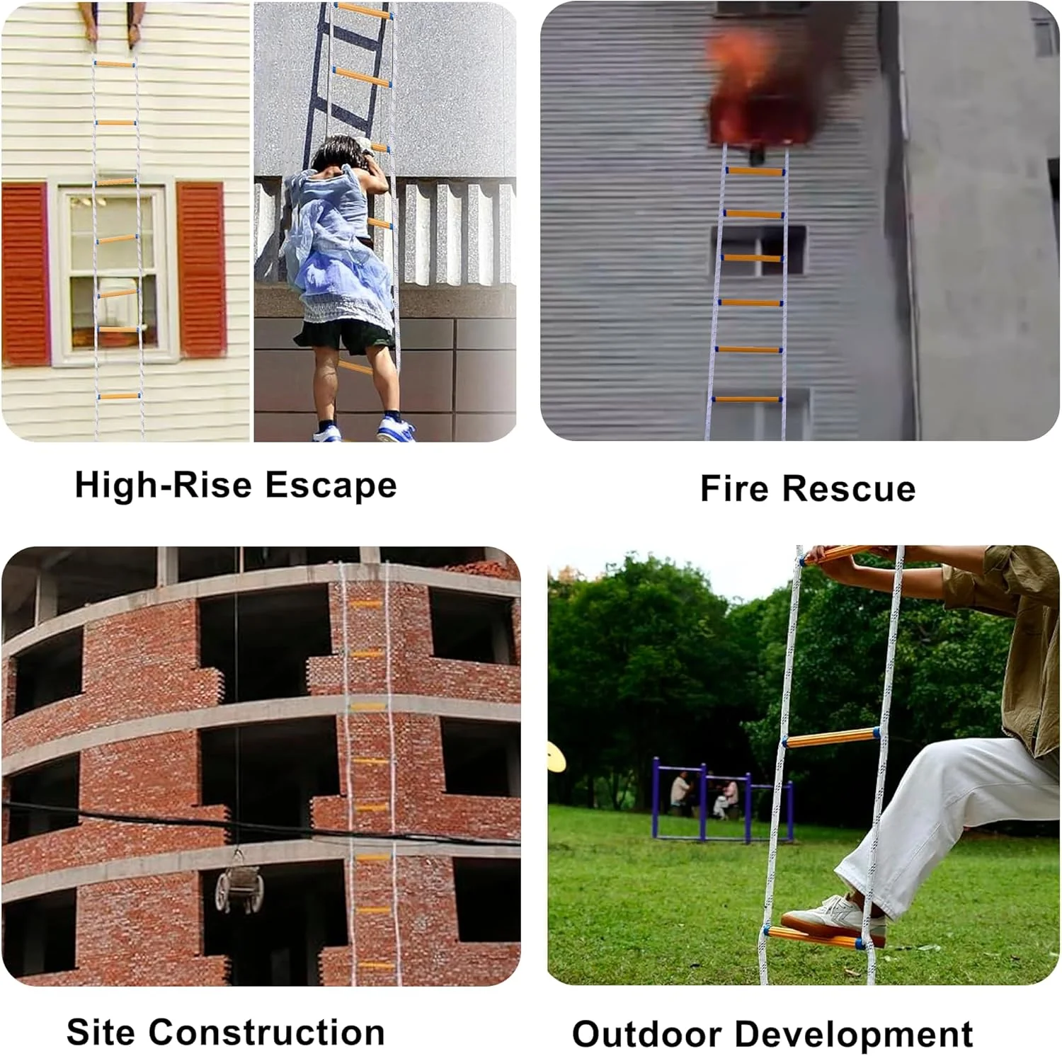 نردبان طنابی، نردبان فرار از آتش 8 متری، نردبان طنابی ایمنی مقاوم در برابر آتش با قلاب، نردبان اضطراری به سرعت باز می شود و قابل حمل و استفاده مجدد است، نردبان فرار از آتش تا 900 کیلوگرم تست شده است.