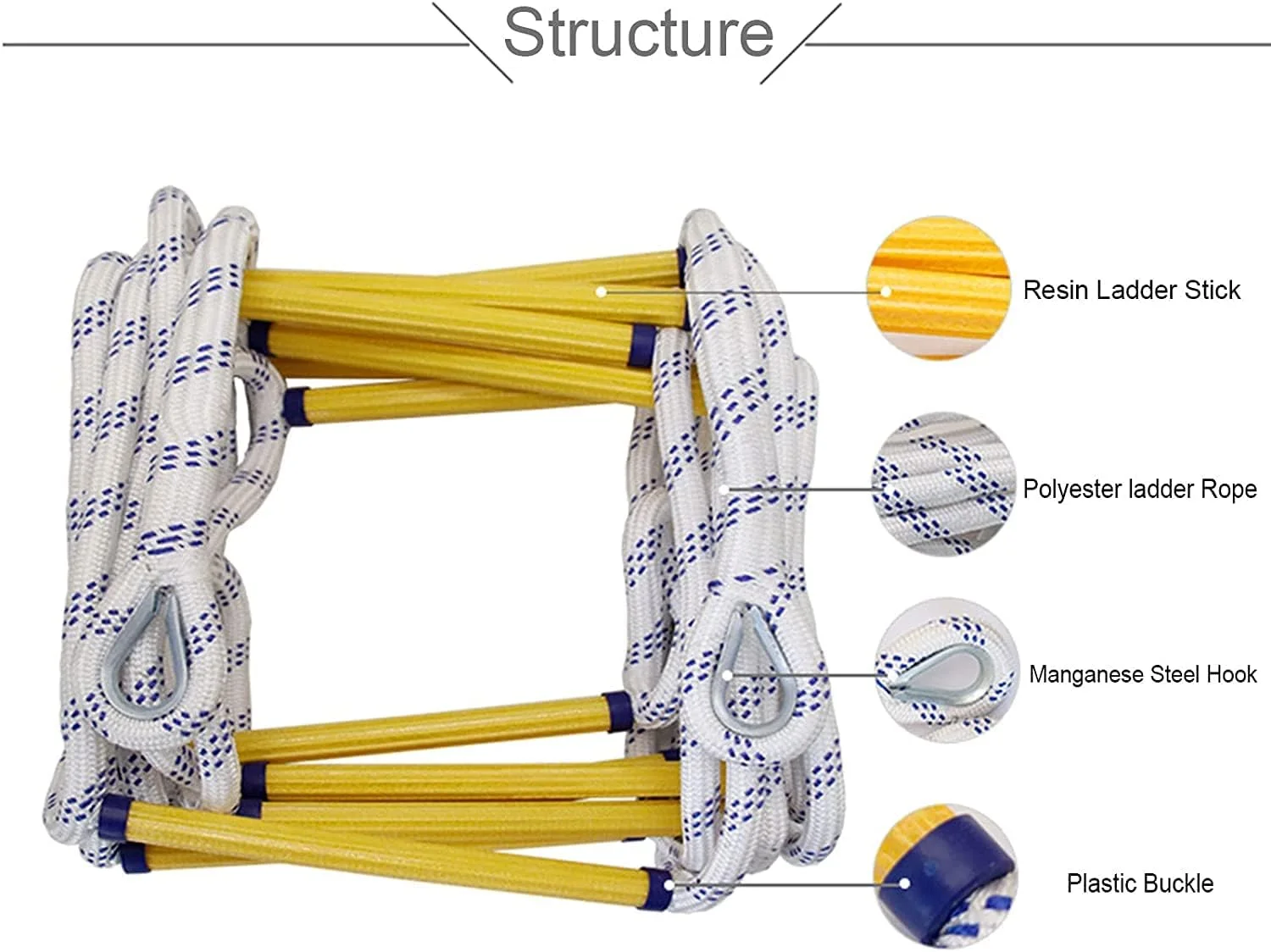 نردبان فرار از آتش، نردبان طنابی فرار از آتش، نردبان نجات اضطراری، نردبان ایمنی نرم غیر لغزنده قابل حمل و قابل استفاده مجدد با قلاب / 30 متر