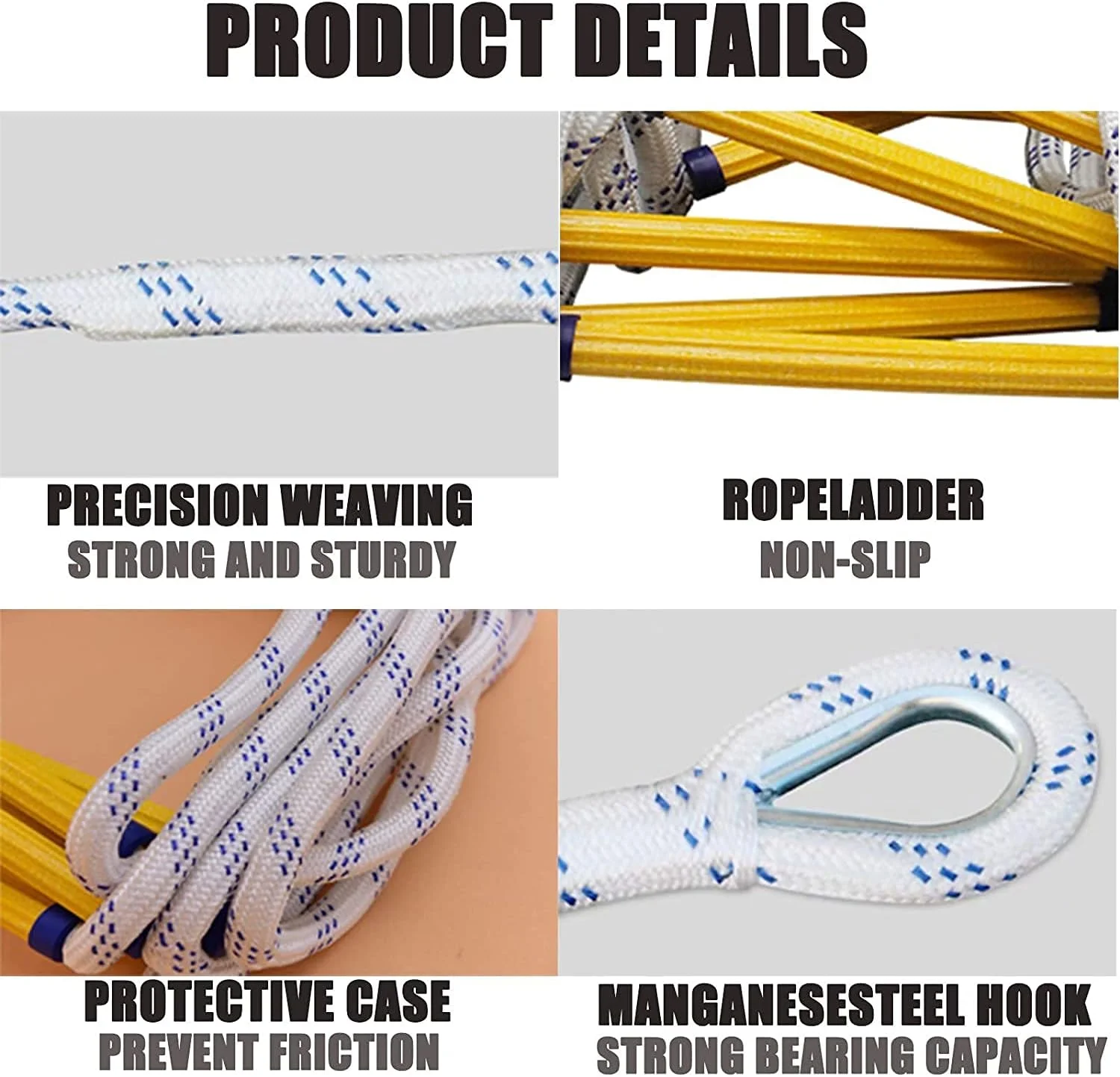 نردبان طنابی فرار از آتش نشانی ایمنی اضطراری با کارابین، نردبان آتش نشانی مقاوم در برابر شعله برای کودکان و بزرگسالان، استقرار سریع برای فرار از آتش سوزی/25M82Ft