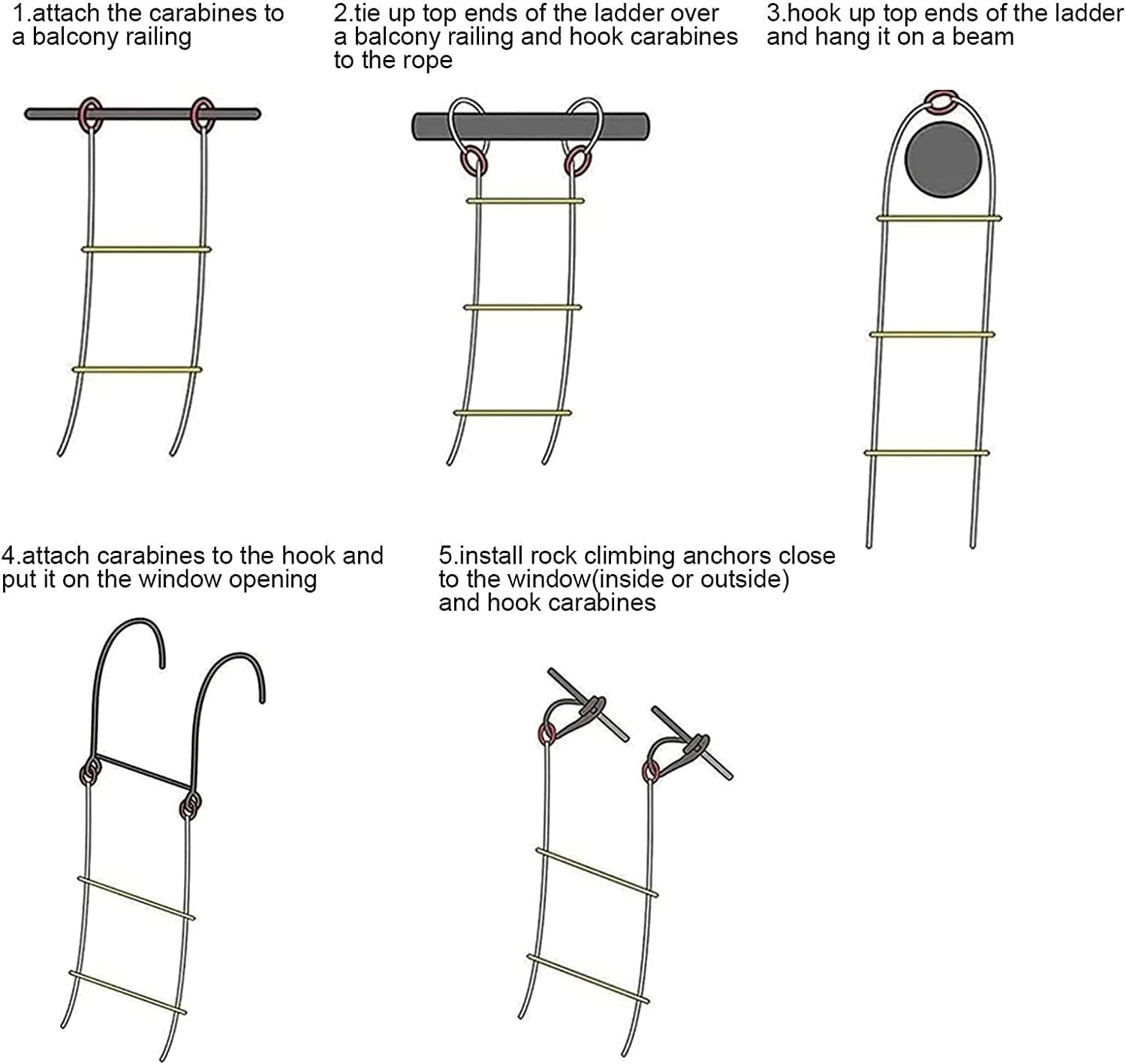نردبان فرار از آتش، نردبان طنابی فرار از آتش، نردبان نجات اضطراری، نردبان ایمنی نرم غیر لغزنده قابل حمل و قابل استفاده مجدد با قلاب / 30 متر