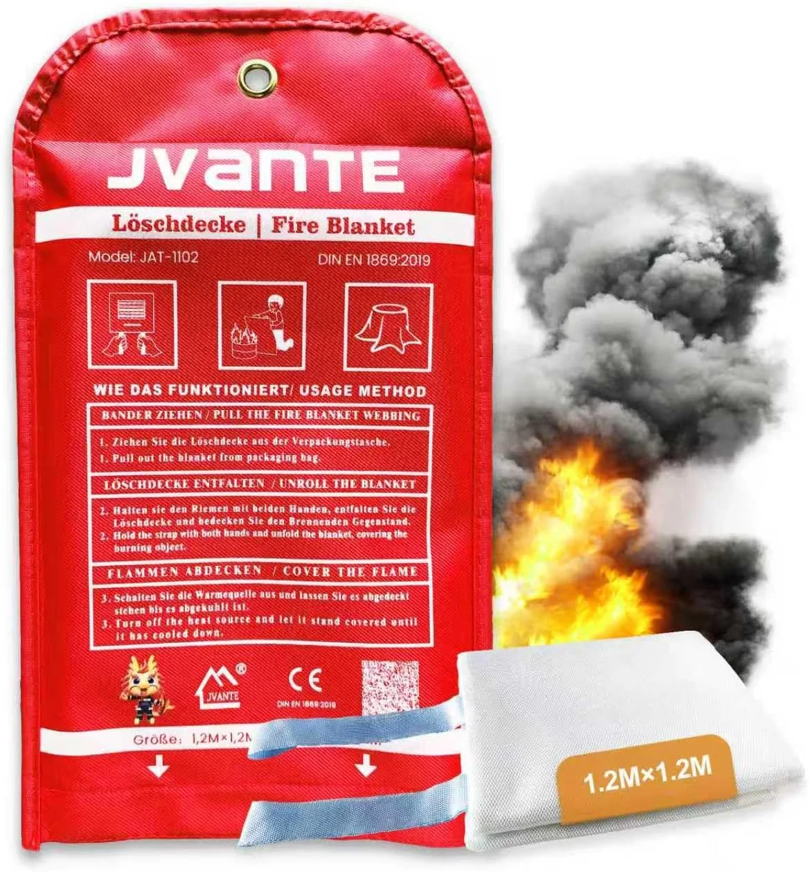 پتو اطفاء حریق JVANTE مطابق با استاندارد DIN EN 1869:2019 - پتو فایبرگلاس ایمنی با کیفیت بالا برای آتش سوزی های ناشی از روغن، خودرو، آشپزخانه، مدرسه، شومینه، کباب پز، دفتر، گاراژ و کارگاه (1.2 متر در 1.2 متر)