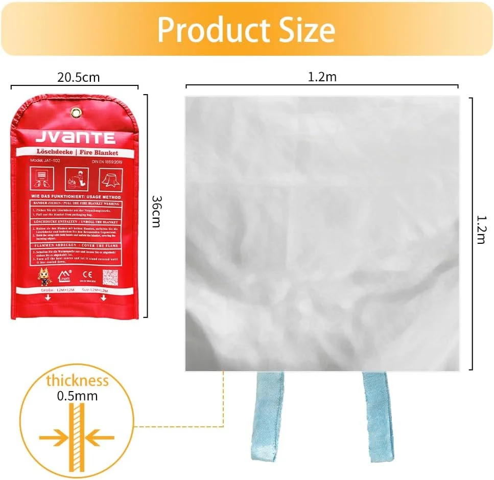 پتو اطفاء حریق JVANTE مطابق با استاندارد DIN EN 1869:2019 - پتو فایبرگلاس ایمنی با کیفیت بالا برای آتش سوزی های ناشی از روغن، خودرو، آشپزخانه، مدرسه، شومینه، کباب پز، دفتر، گاراژ و کارگاه (1.2 متر در 1.2 متر)