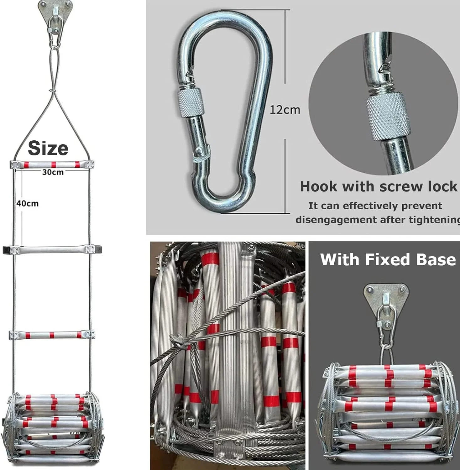 نردبان فرار اضطراری از آتش، نردبان طنابی ایمنی پنجره برای کودکان و بزرگسالان 3/4/6 طبقه، ظرفیت وزنی تا 420 کیلوگرم برای استقرار سریع در آتش سوزی، با قلاب های فرار، 26 فوت/8 متر
