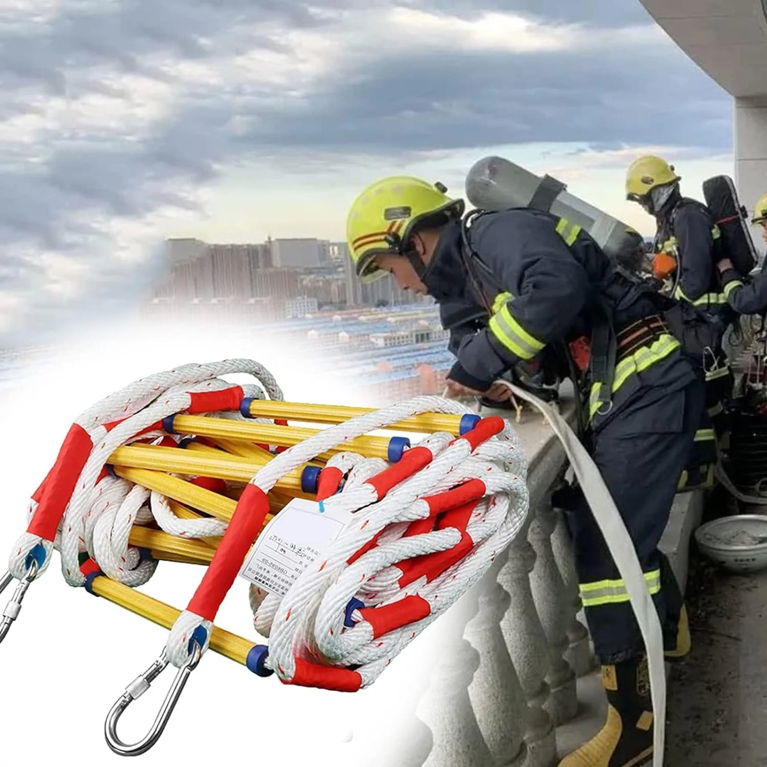 نردبان فرار از آتش، نردبان طنابی فرار از آتش، نردبان طنابی نجات مقاوم در برابر شعله، نردبان اضطراری با قابلیت استقرار سریع و ظرفیت وزنی تا 450 کیلوگرم (اندازه: 5 متر / 16.4 فوت)
