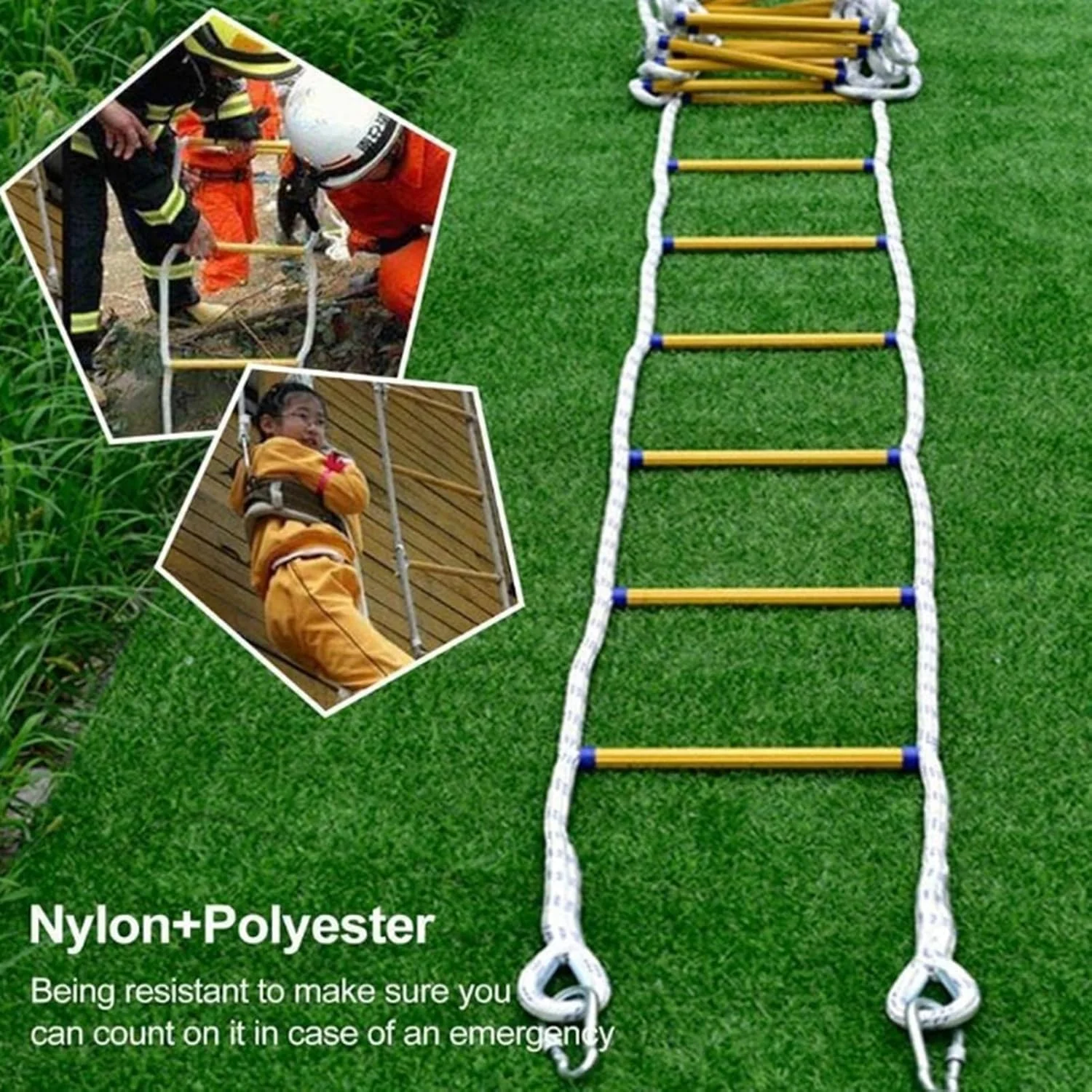 نردبان فرار از آتش، نردبان طنابی، نردبان فرار اضطراری از آتش 4 متری، نردبان طنابی ایمنی مقاوم در برابر شعله با قلاب، استقرار سریع، محکم و قوی، قابل حمل (5 متری)