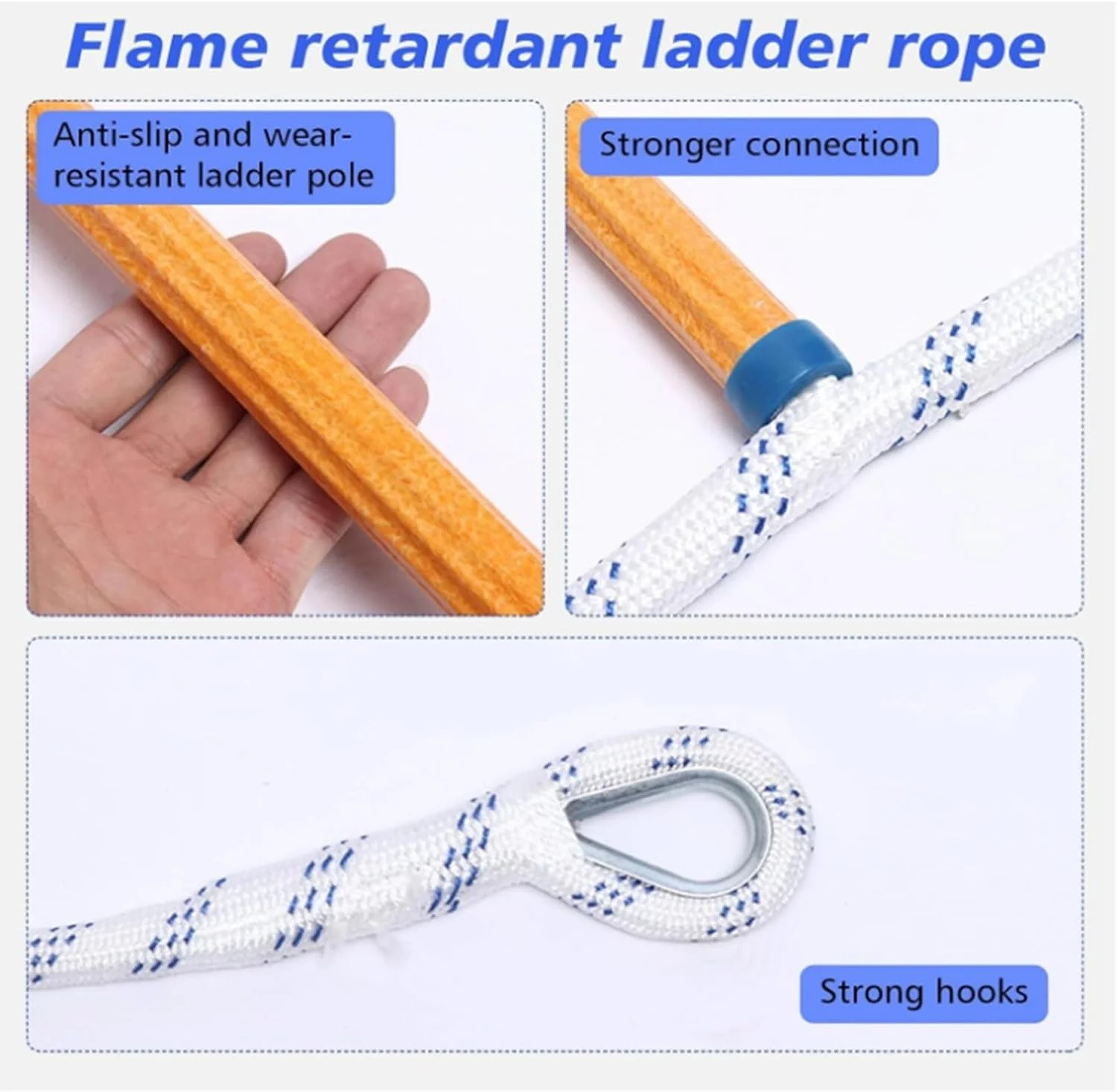 نردبان فرار از آتش، نردبان طنابی، نردبان فرار اضطراری از آتش 4 متری، نردبان طنابی ایمنی مقاوم در برابر شعله با قلاب، استقرار سریع، محکم و قوی، قابل حمل (5 متری)