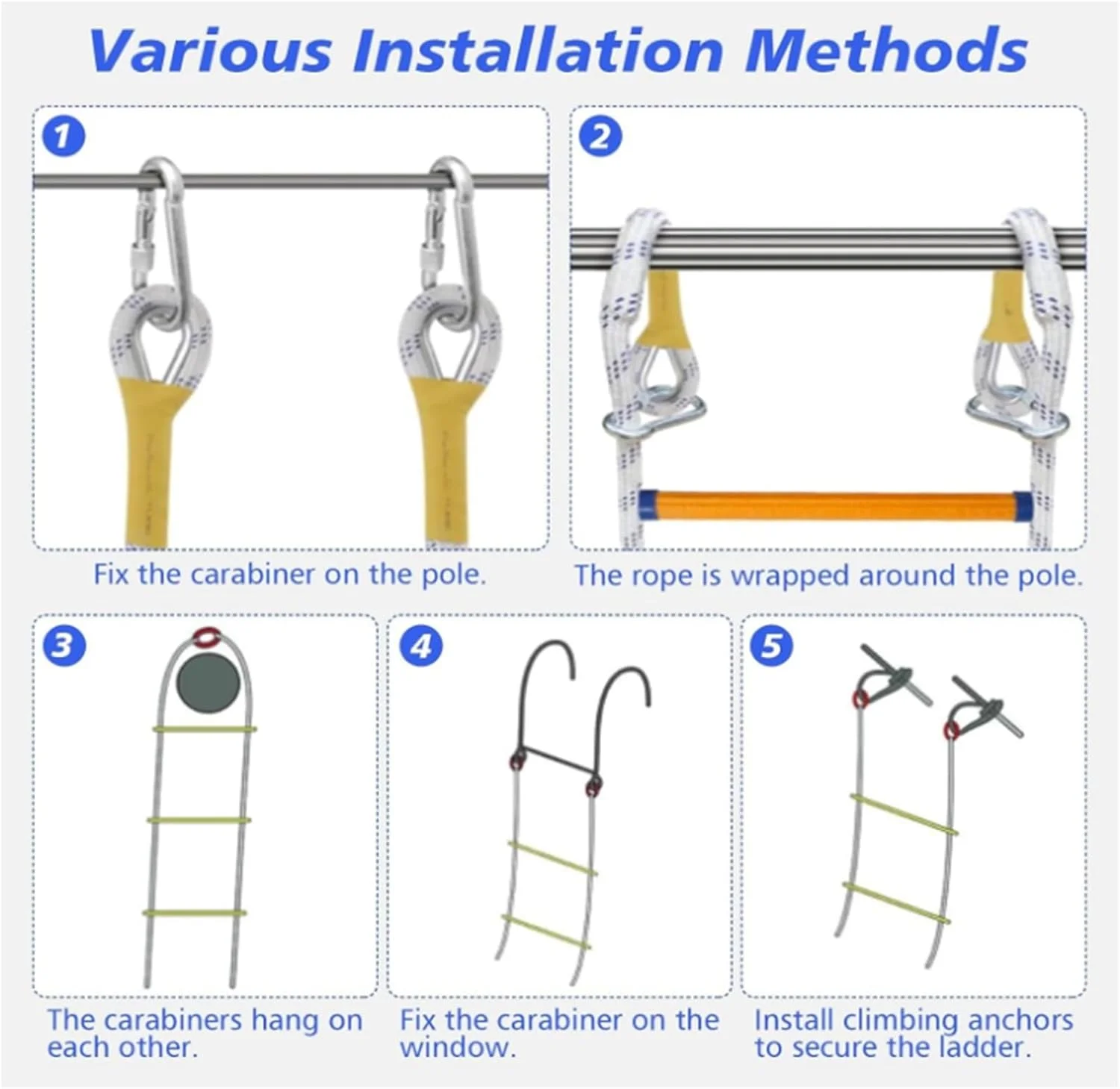 نردبان فرار از آتش، نردبان طنابی، نردبان فرار اضطراری از آتش 4 متری، نردبان طنابی ایمنی مقاوم در برابر شعله با قلاب، استقرار سریع، محکم و قوی، قابل حمل (5 متری)