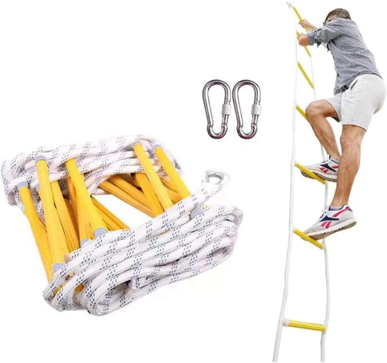 نردبان فرار از آتش 2 تا 8 طبقه برای سقف شیب دار، نردبان طنابی مقاوم در برابر پارگی با تحمل وزن تا 450 کیلوگرم، نردبان طنابی ایمنی اضطراری مقاوم در برابر آتش - 18 متر / 59 فوت